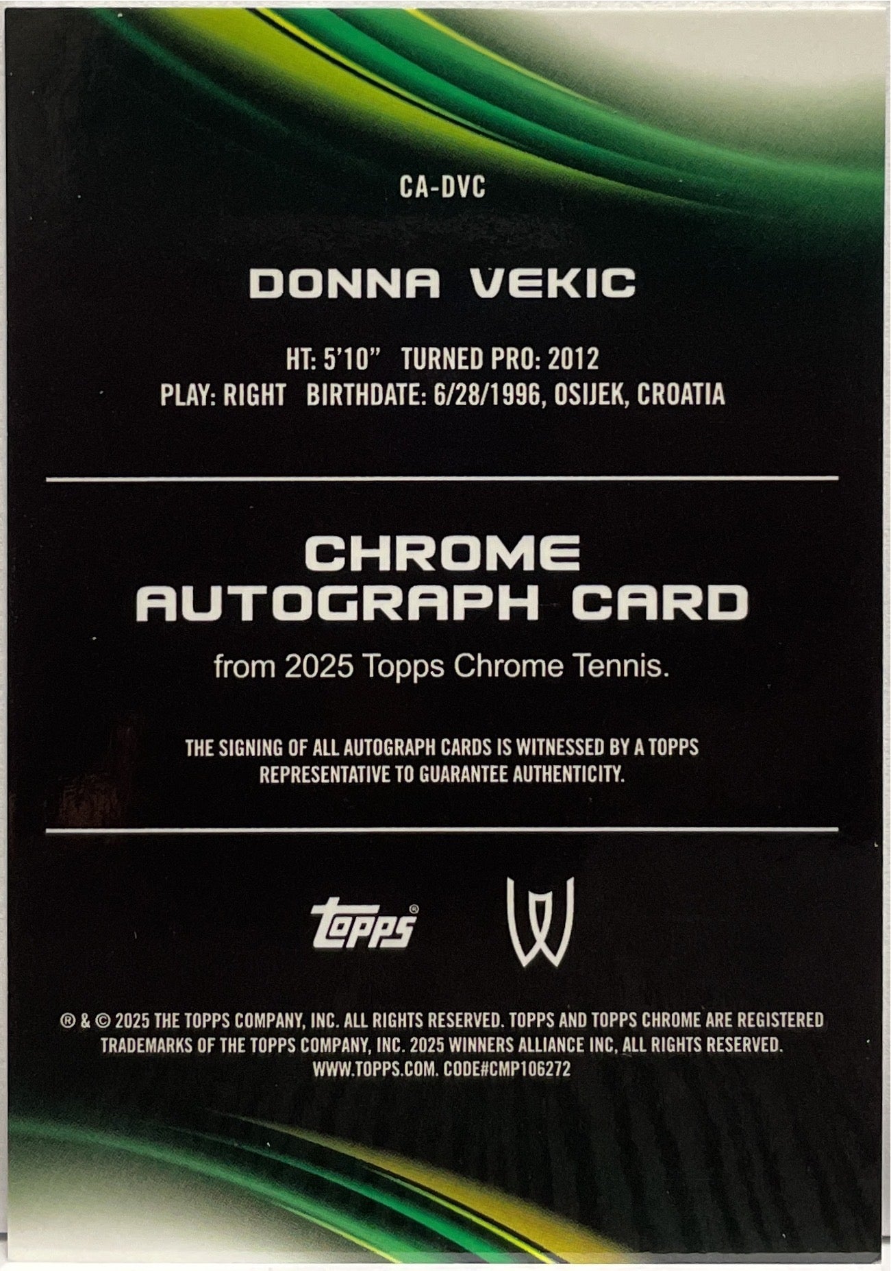 Donna Vekic 56/99 Autograph Topps Chrome Tennis 2025
