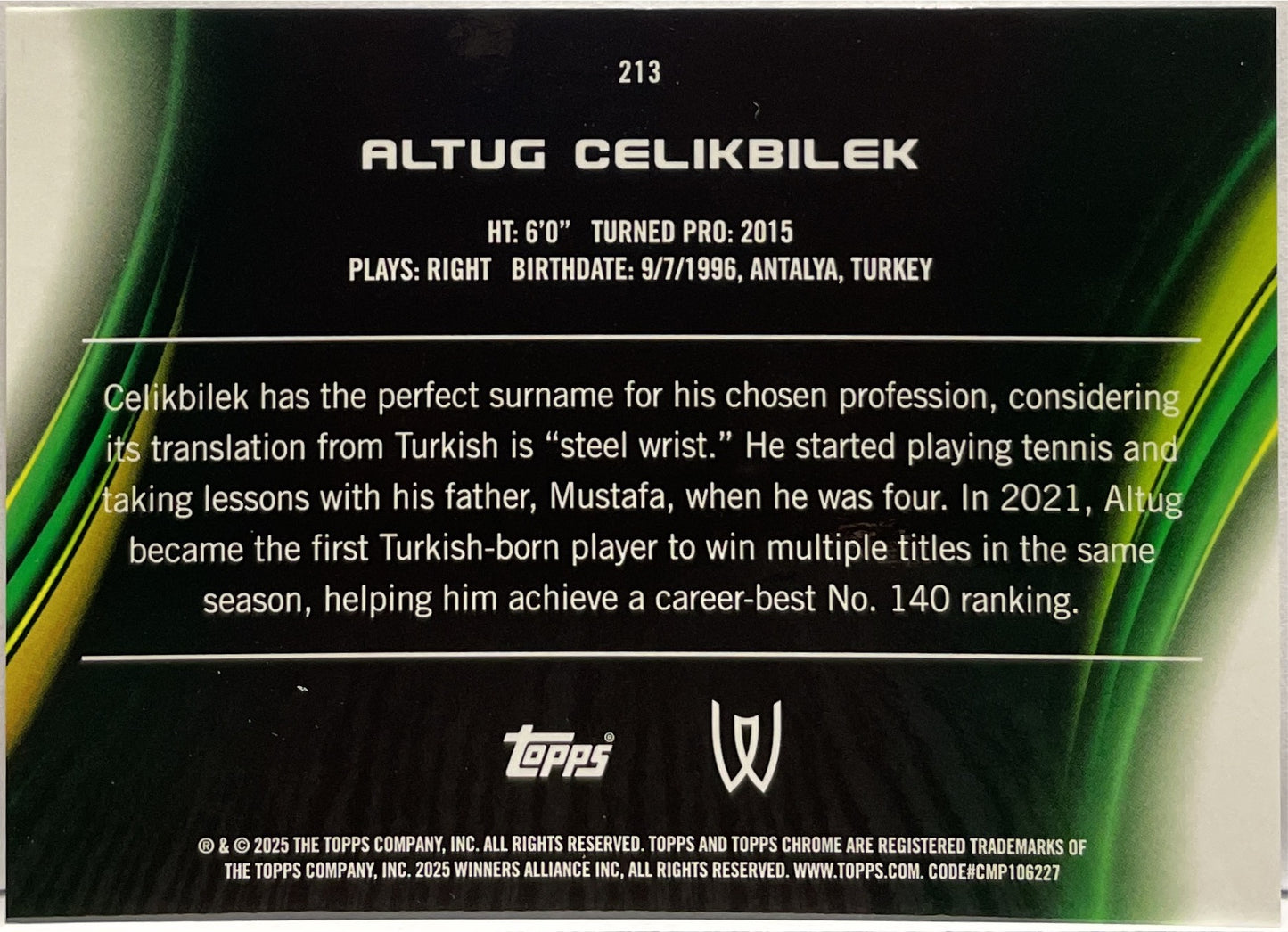Altug Celikbilek -3/0 Frozenfractor 1ST Topps Chrome Tennis 2025