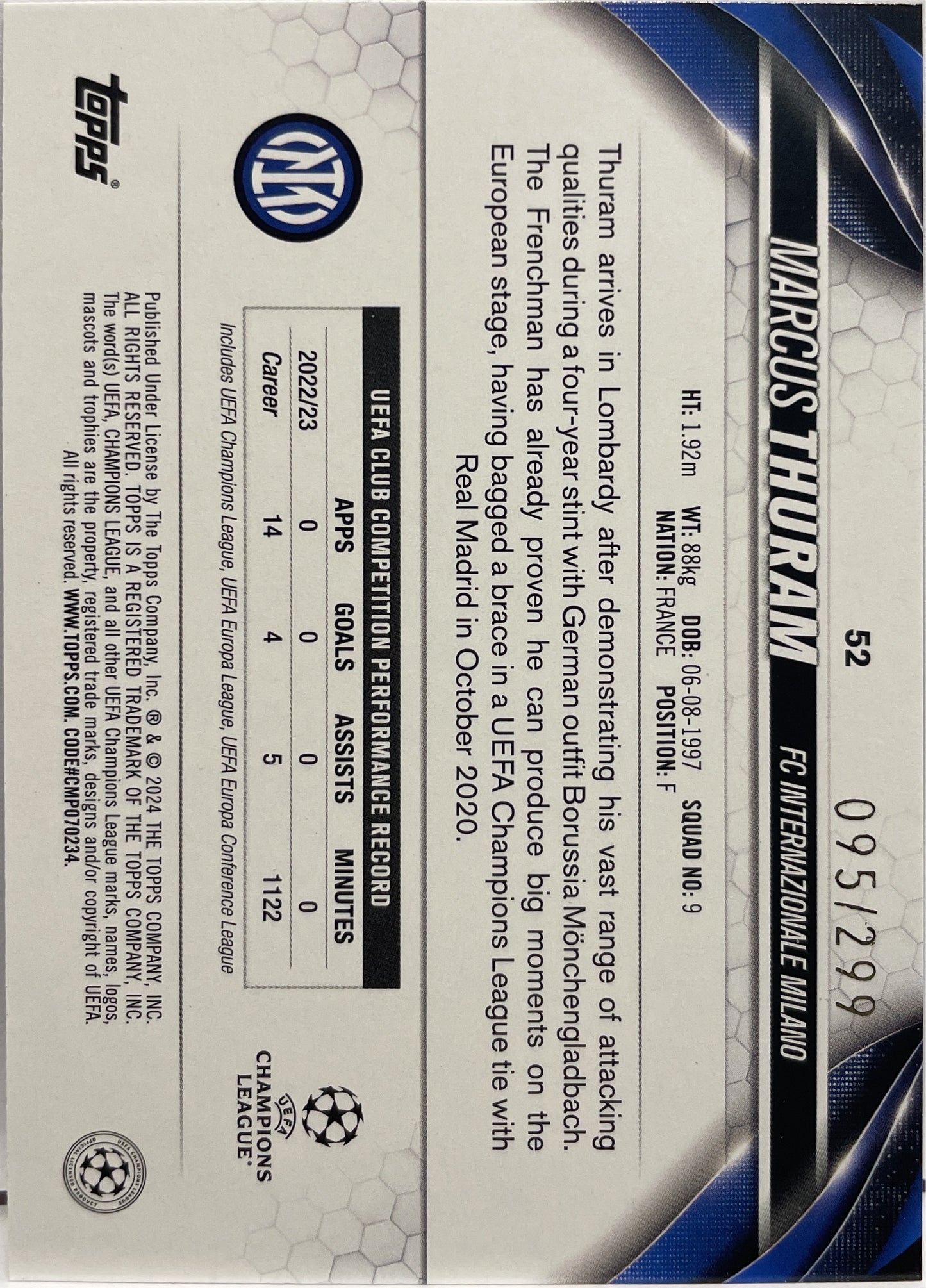 Marcus Thuram 95/299 Purple Topps UCC 2023/24