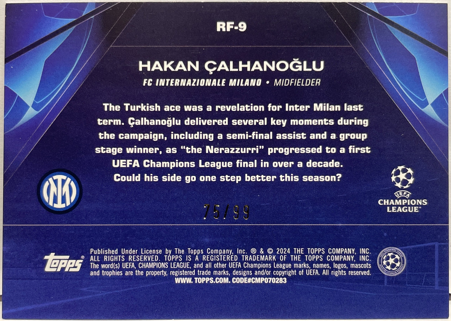 Hakan Calhanoglu 75/99 Road To The Final Blue Topps UCC 2023/24
