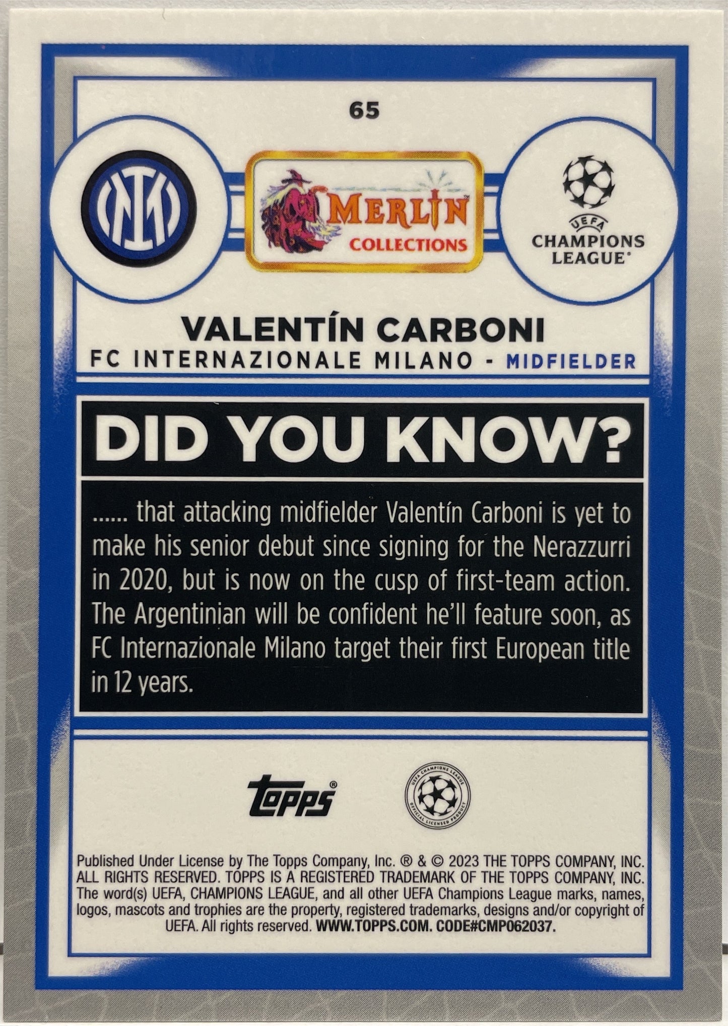 Valentin Carboni 93/199 rookie Aqua Speckle Topps Chrome Merlin 2022/23