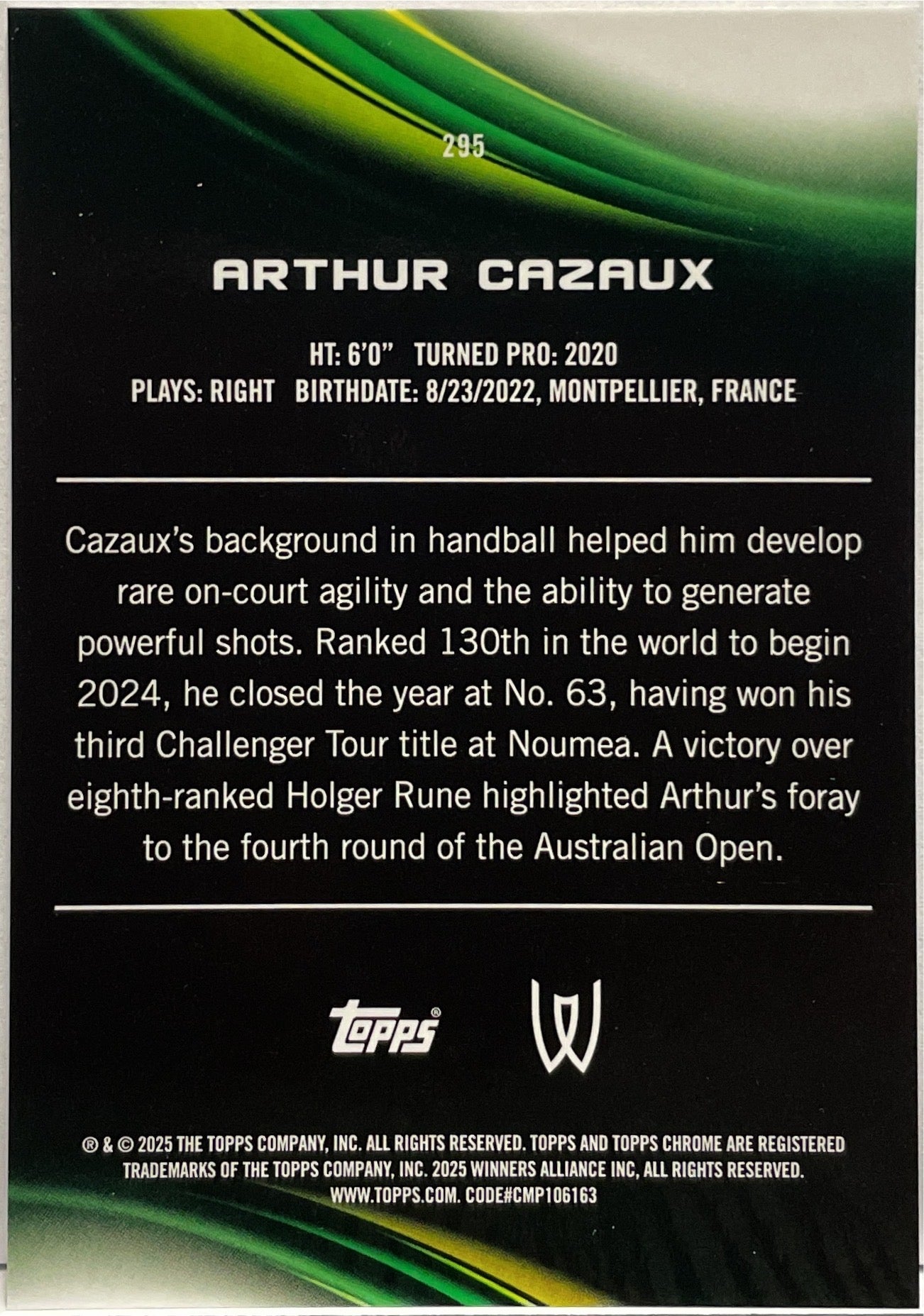 Arthur Cazaux 12/25 Rookie Orange Topps Chrome Tennis 2025