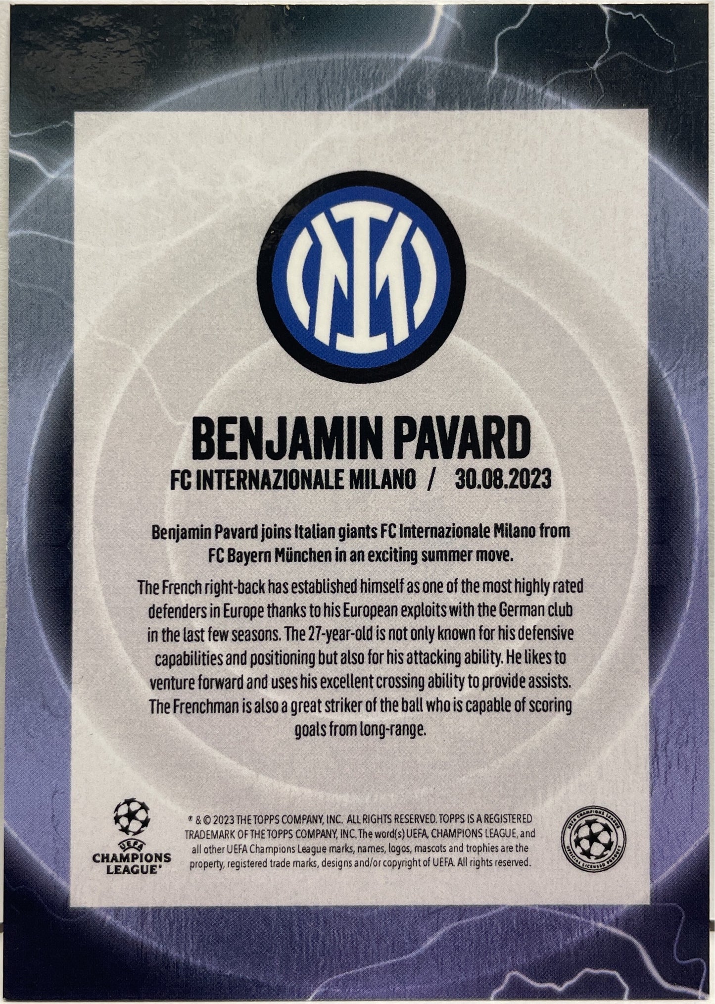 Benjamin Pavard 6/99 Topps Summer Signing 2023