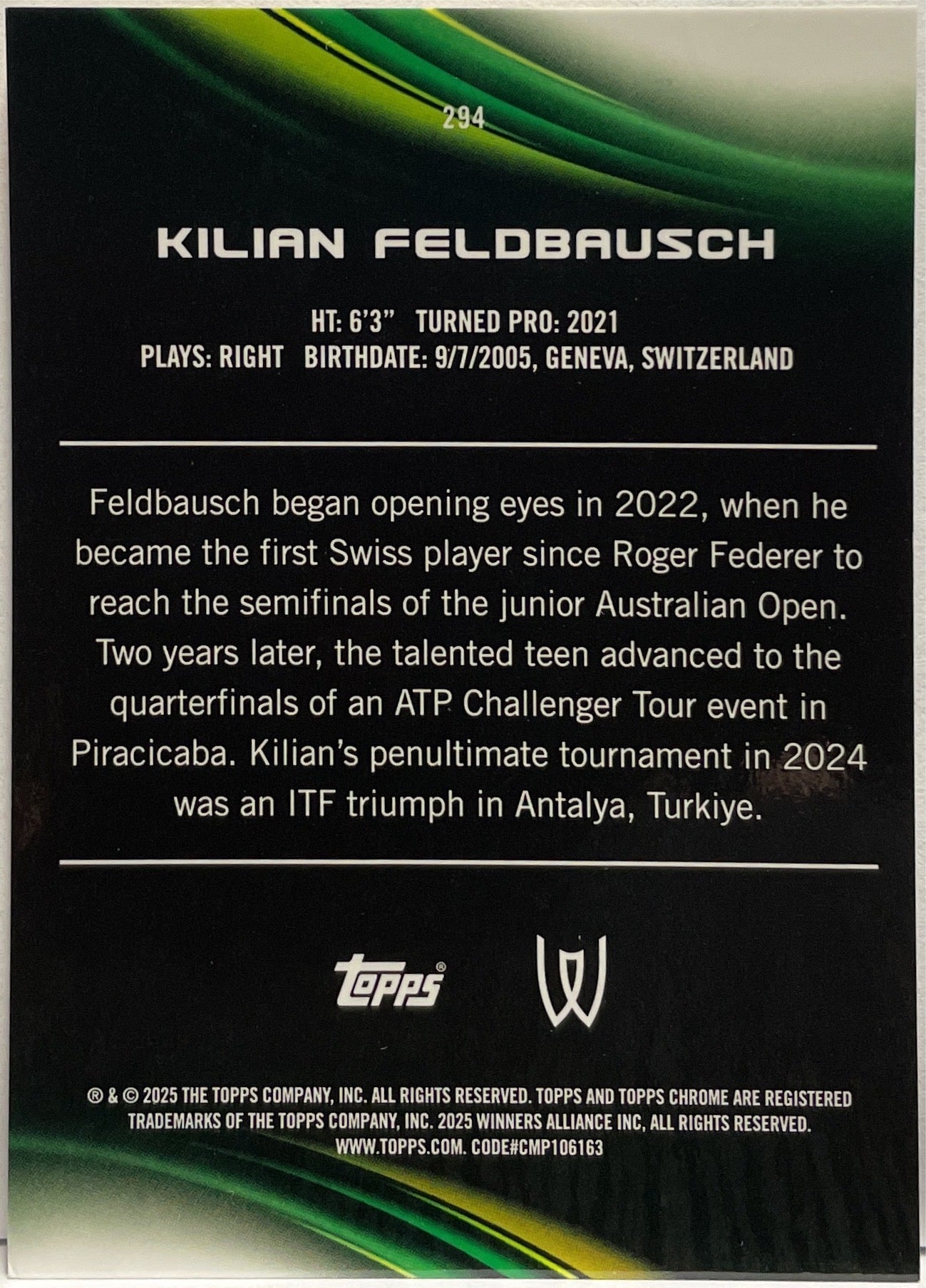Kilian Feldbausch 7/50 Gold Topps Chrome Tennis 2025