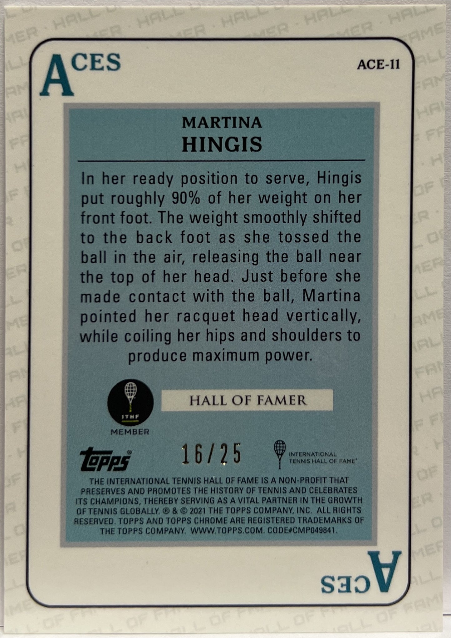 Martina Hingis 16/25 Aces Orange Topps Chrome Tennis 2021