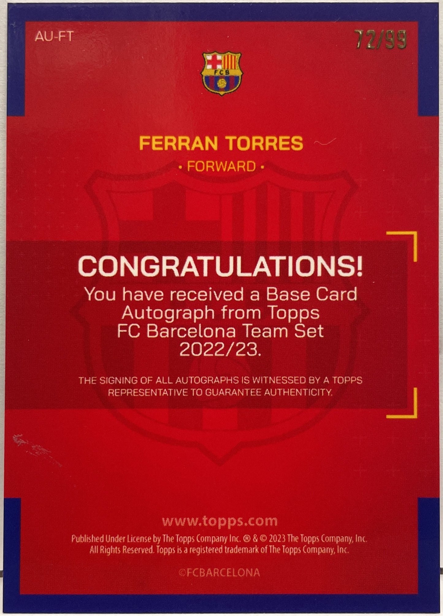 Ferran Torres 72/99 Autograph Pink Topps FC Barcelona Fan Set 2022/23