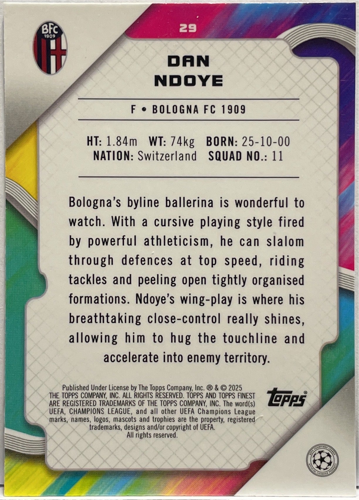 Dan Ndoye 23/150 Rookie Blue Raywave Topps Finest UCC 2024/25