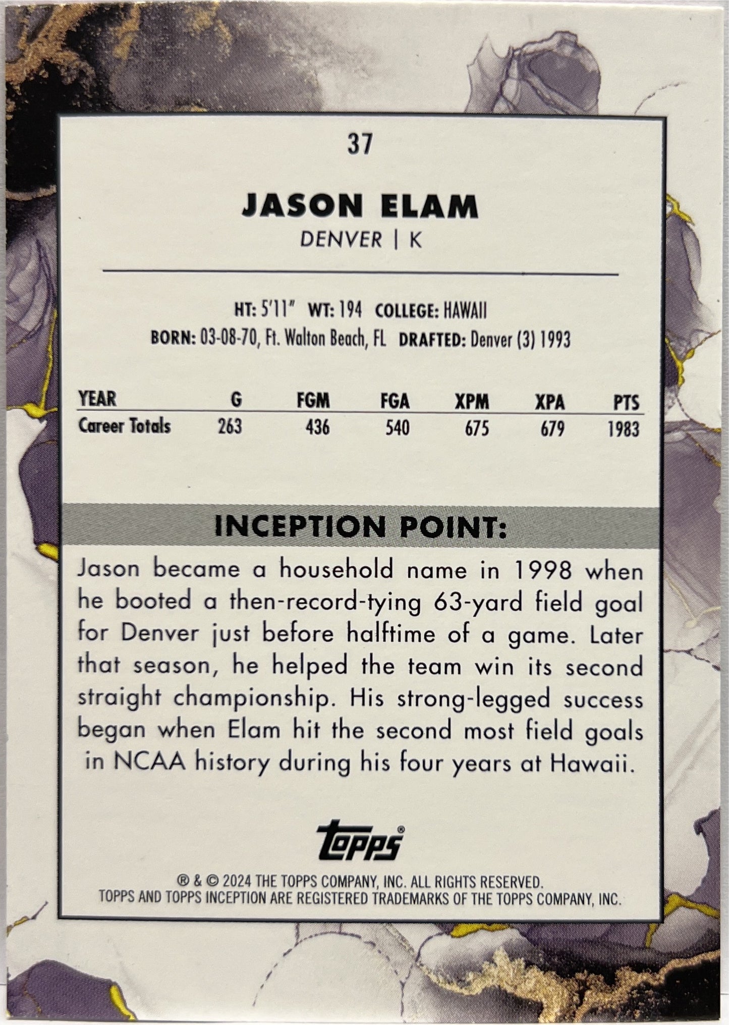 Jason Elam 83/99 Magenta Topps Inception Football NFL 2024
