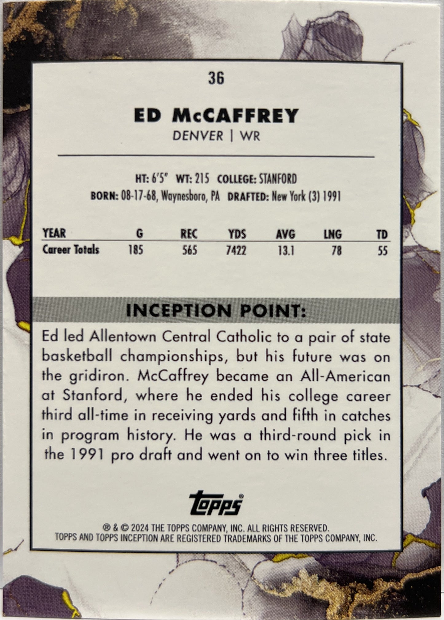 Ed McCaffrey 53/125 Purple Topps Inception Football NFL 2024