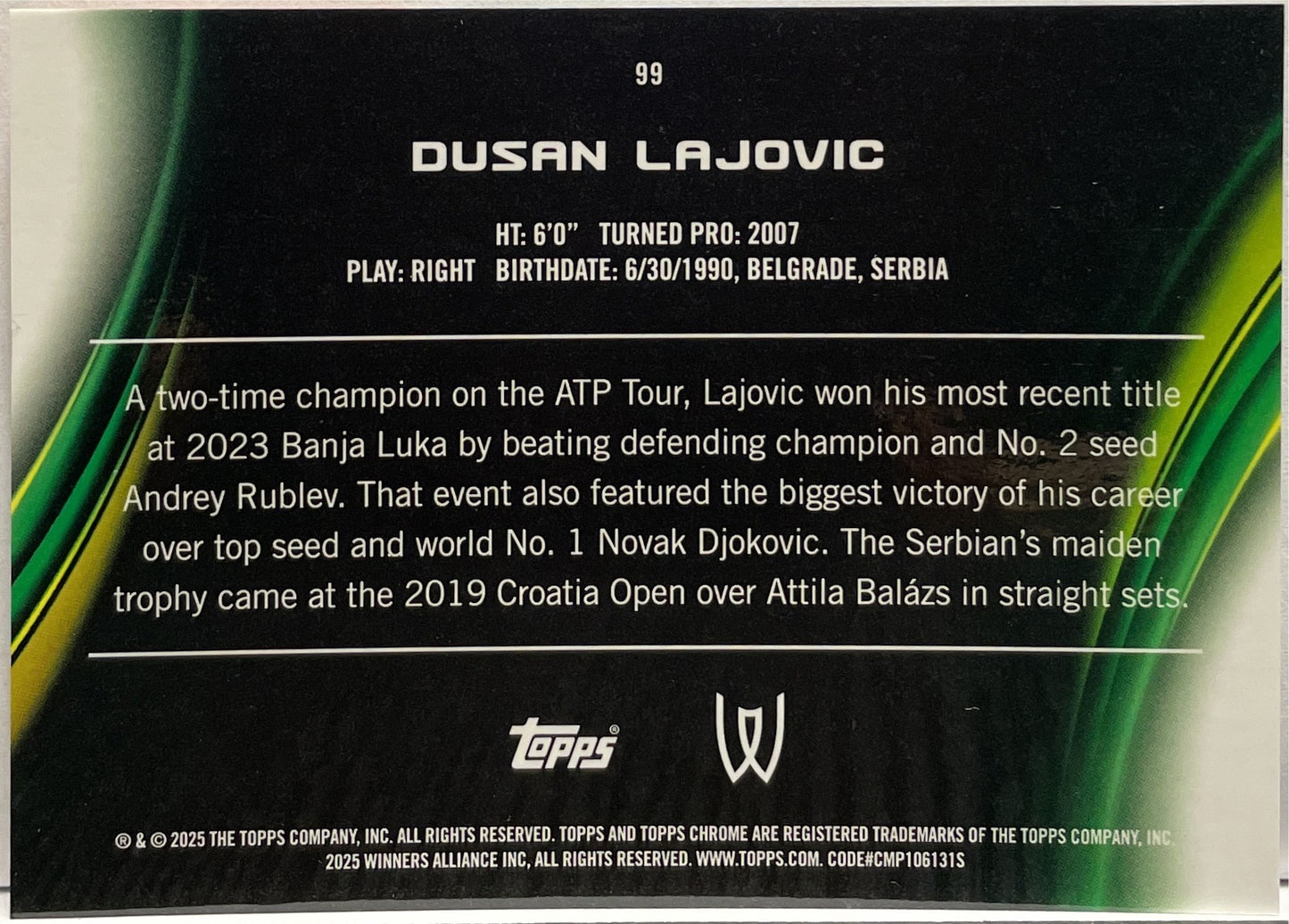 Dusan Lajovic 3/25 Topps Chrome Tennis 2025