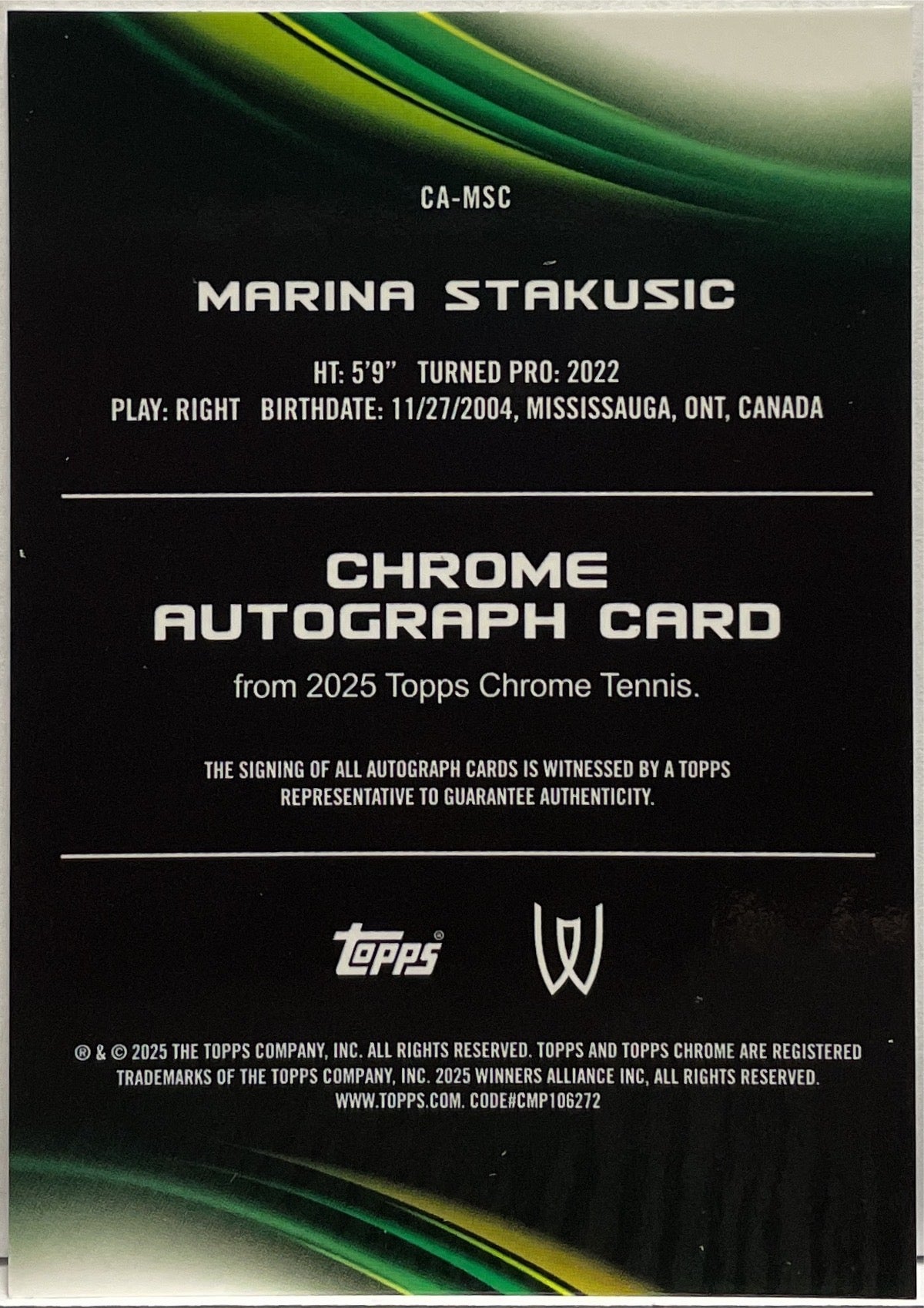 Marina Stakusic Rookie Autograph Topps Chrome Tennis 2025
