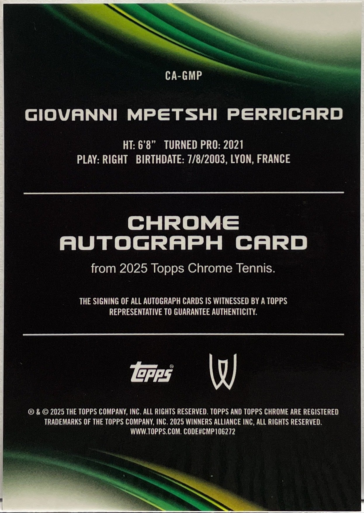 Giovanni Mpetshi Perricard Rookie Autograph Topps Chrome Tennis 2025