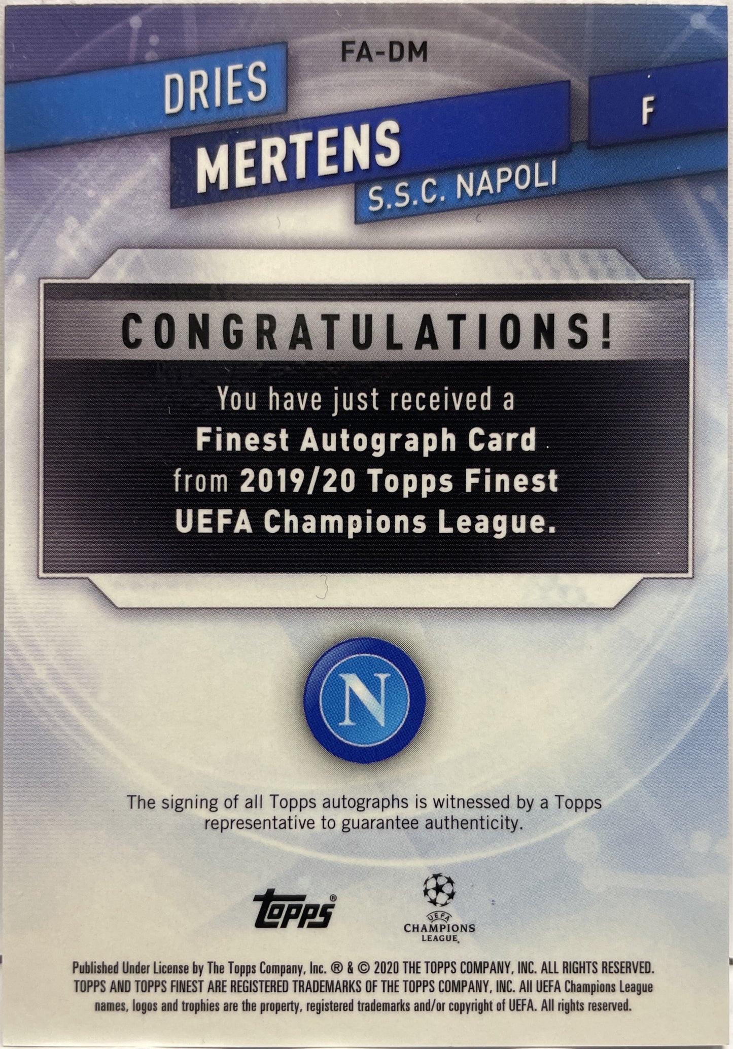 Dries Mertens 24/99 Autograph Green Topps Finest UCL 2019/20