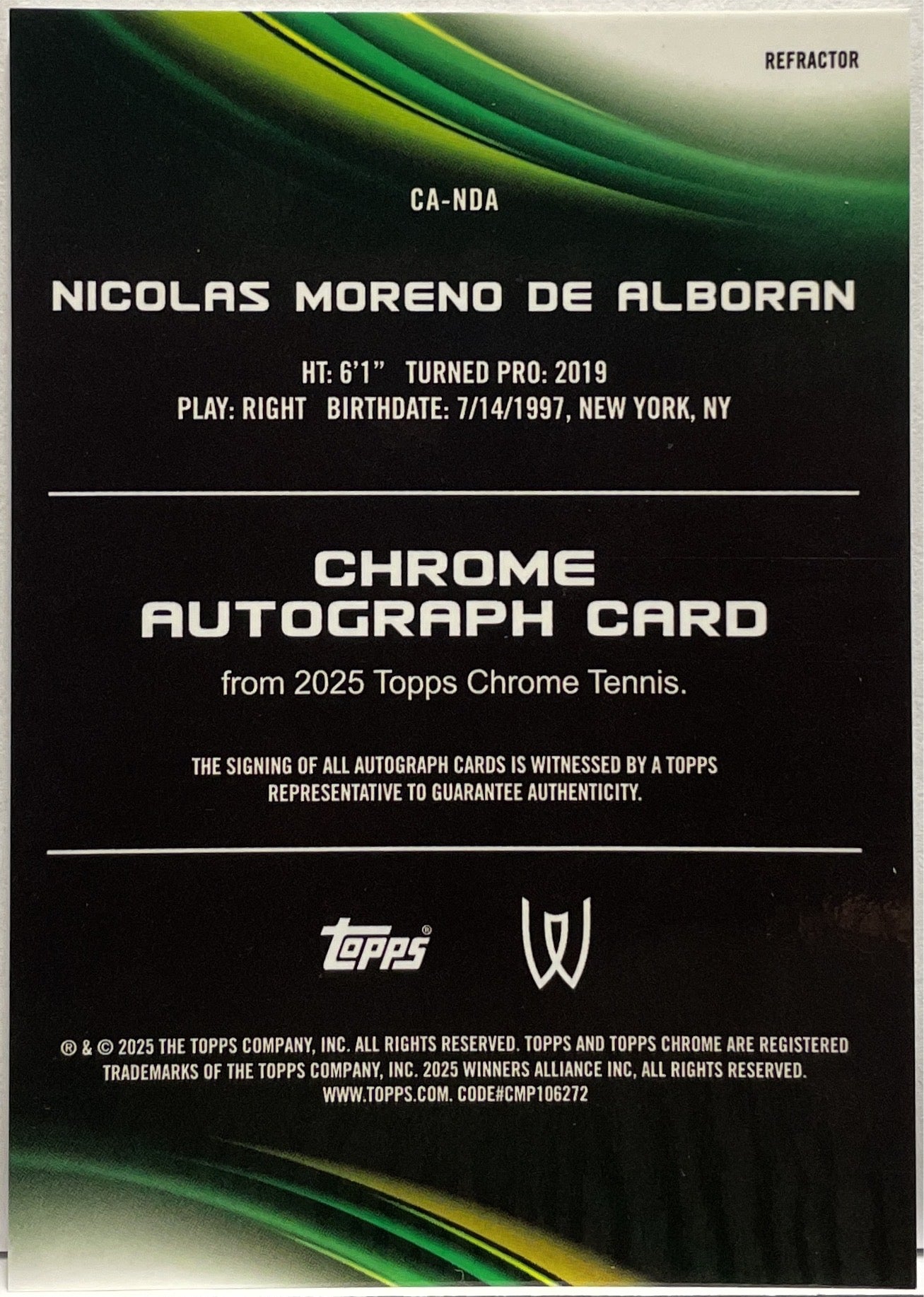 Nicolas Moreno De Alboran Autograph Refractor Topps Chrome Tennis 2025