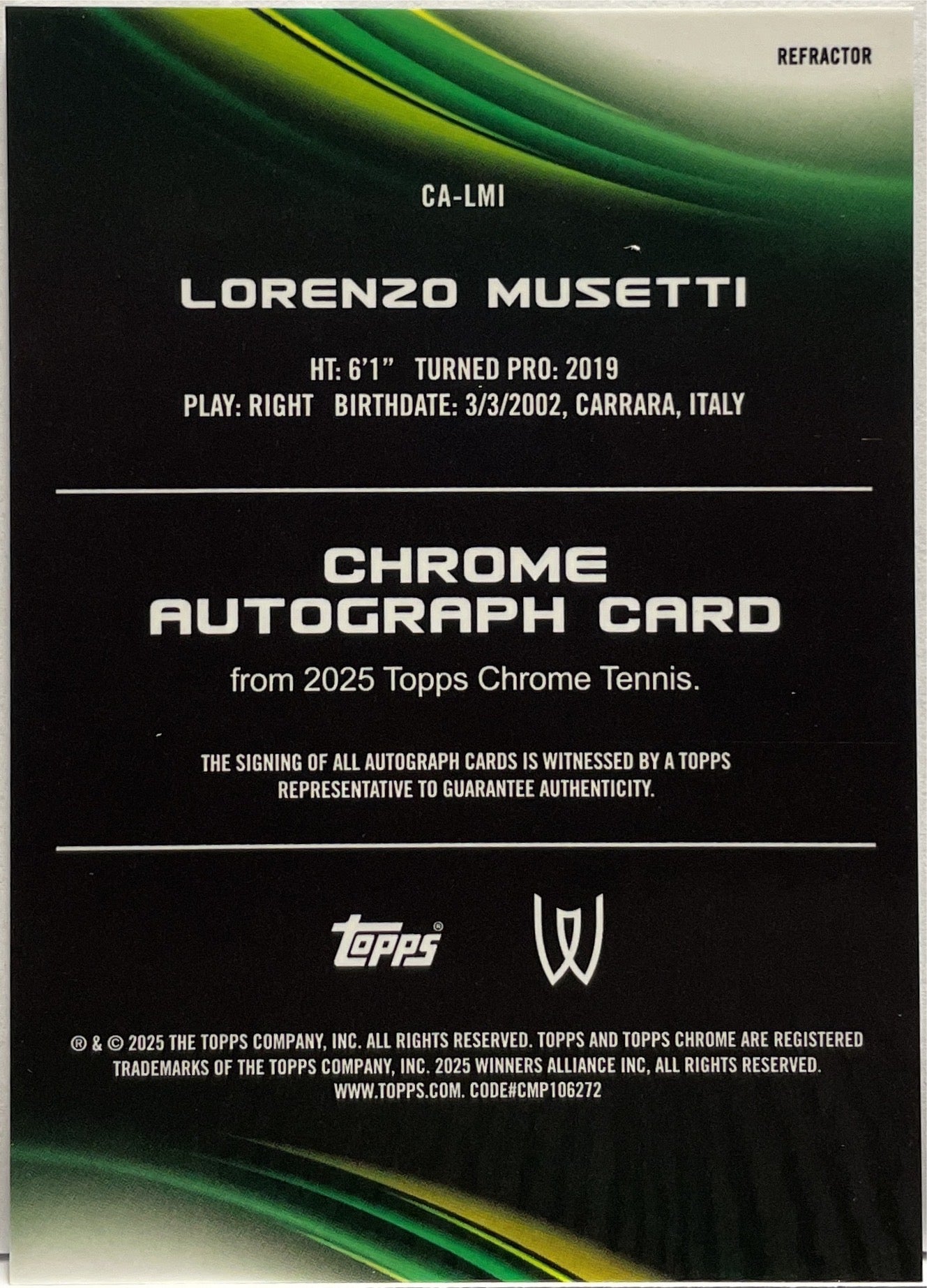 Lorenzo Musetti Autograph Refractor Topps Chrome Tennis 2025