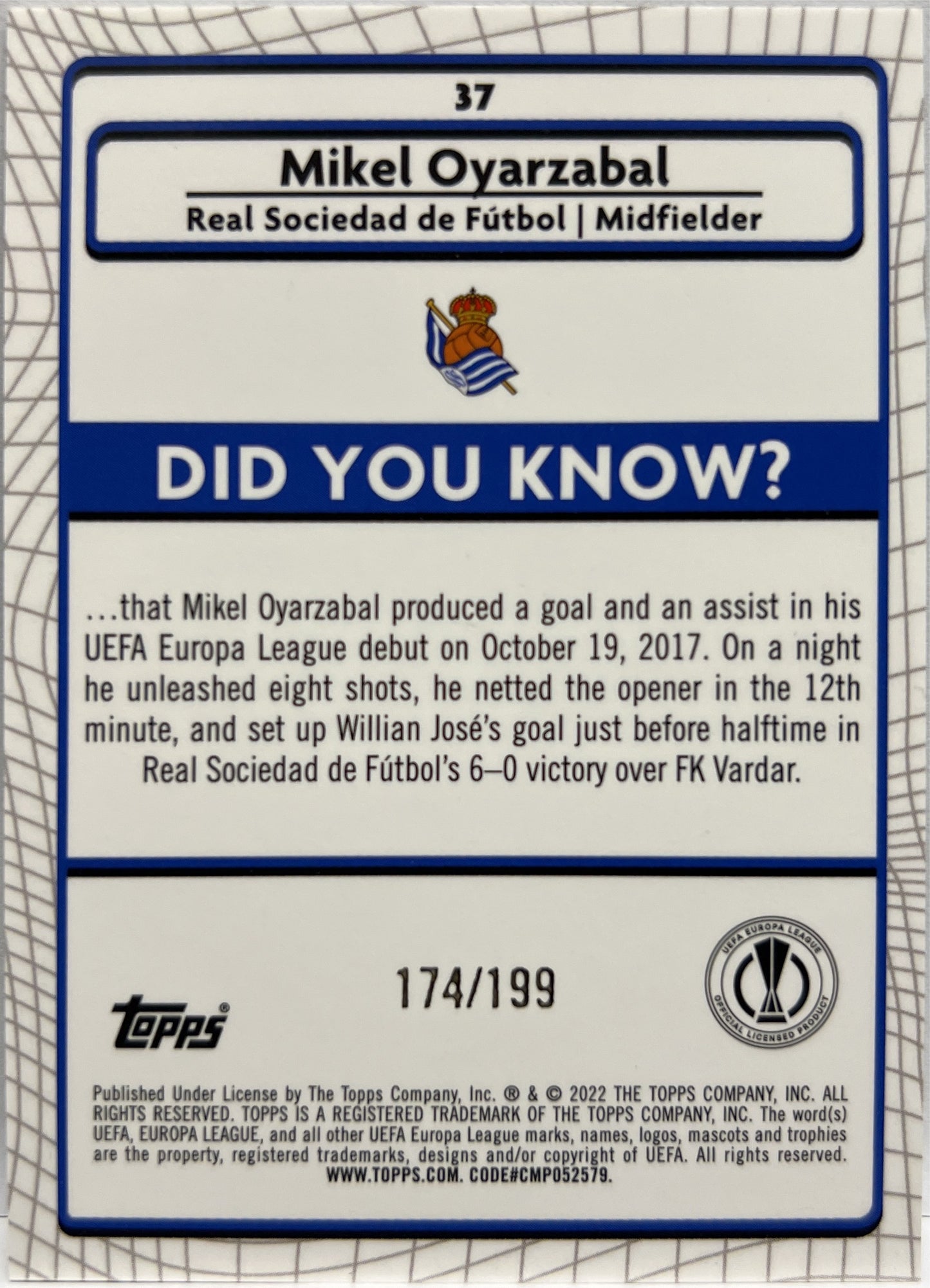 Mikel Oyarzabal 174/199 Aqua Topps Chrome Merlin 2021/22