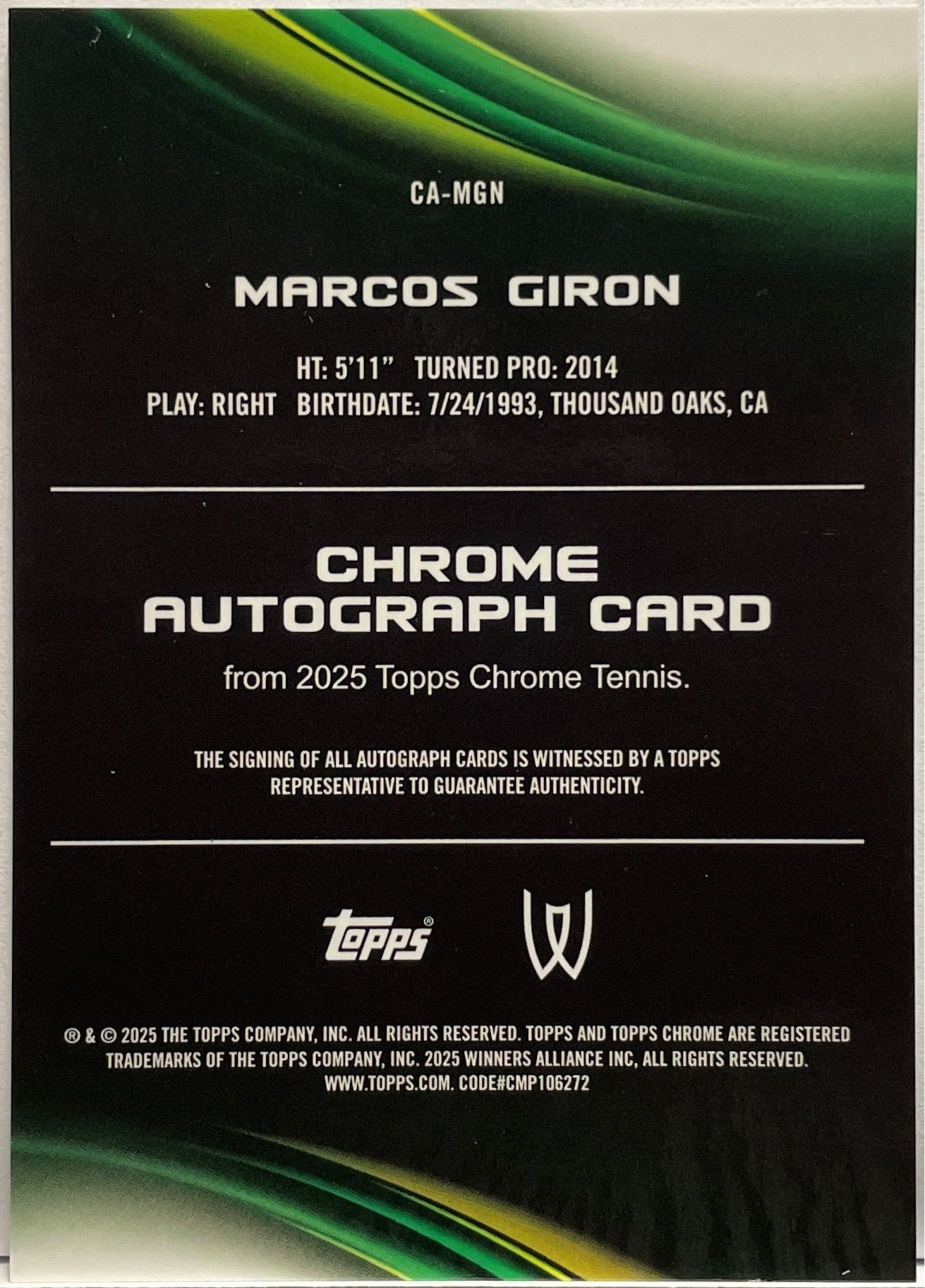 Marcos Giron 13/50 Autograph Gold Refractor Topps Chrome Tennis 2025