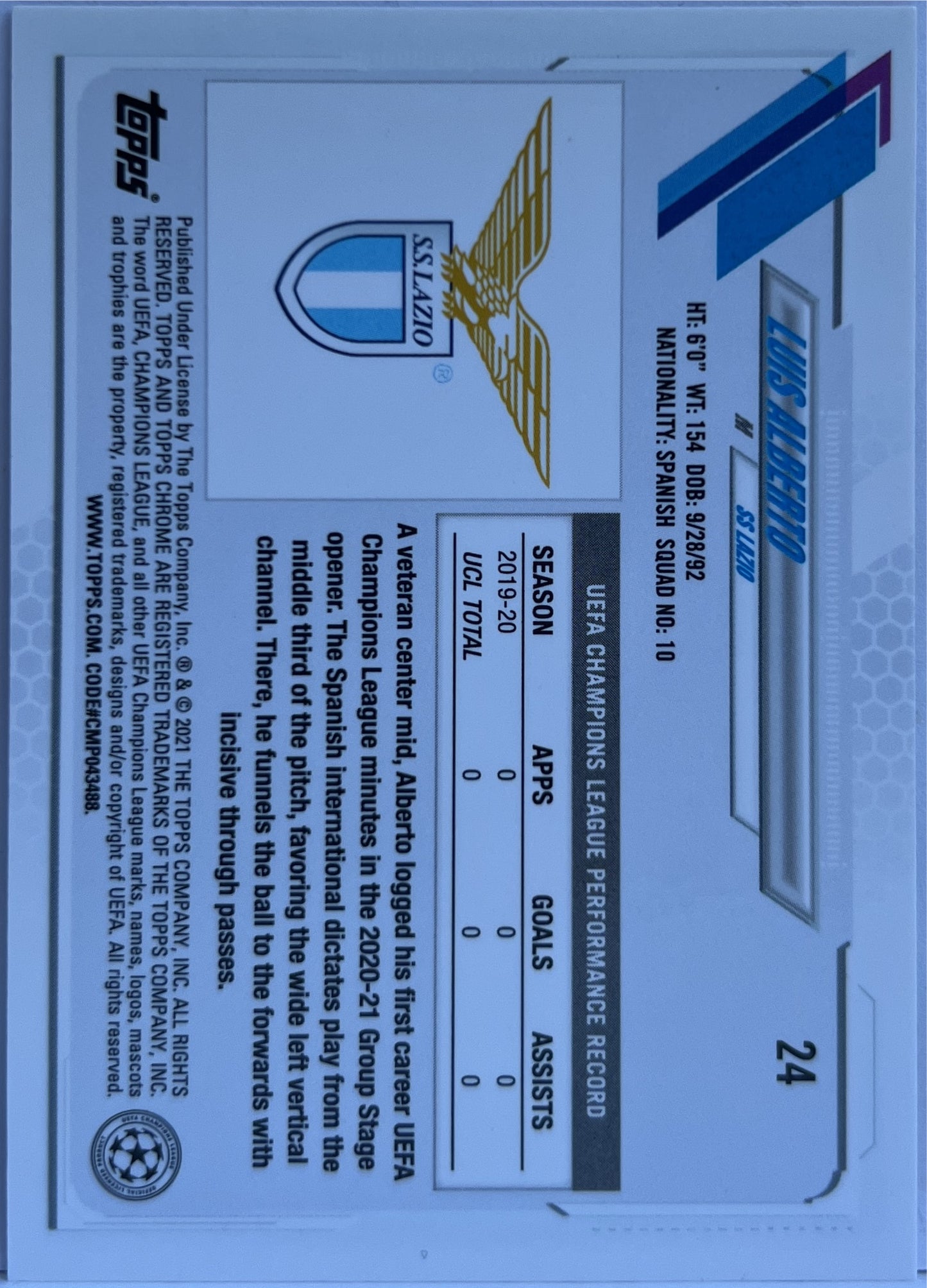 Luis Alberto Orange Topps Chrome UCL 2020/21