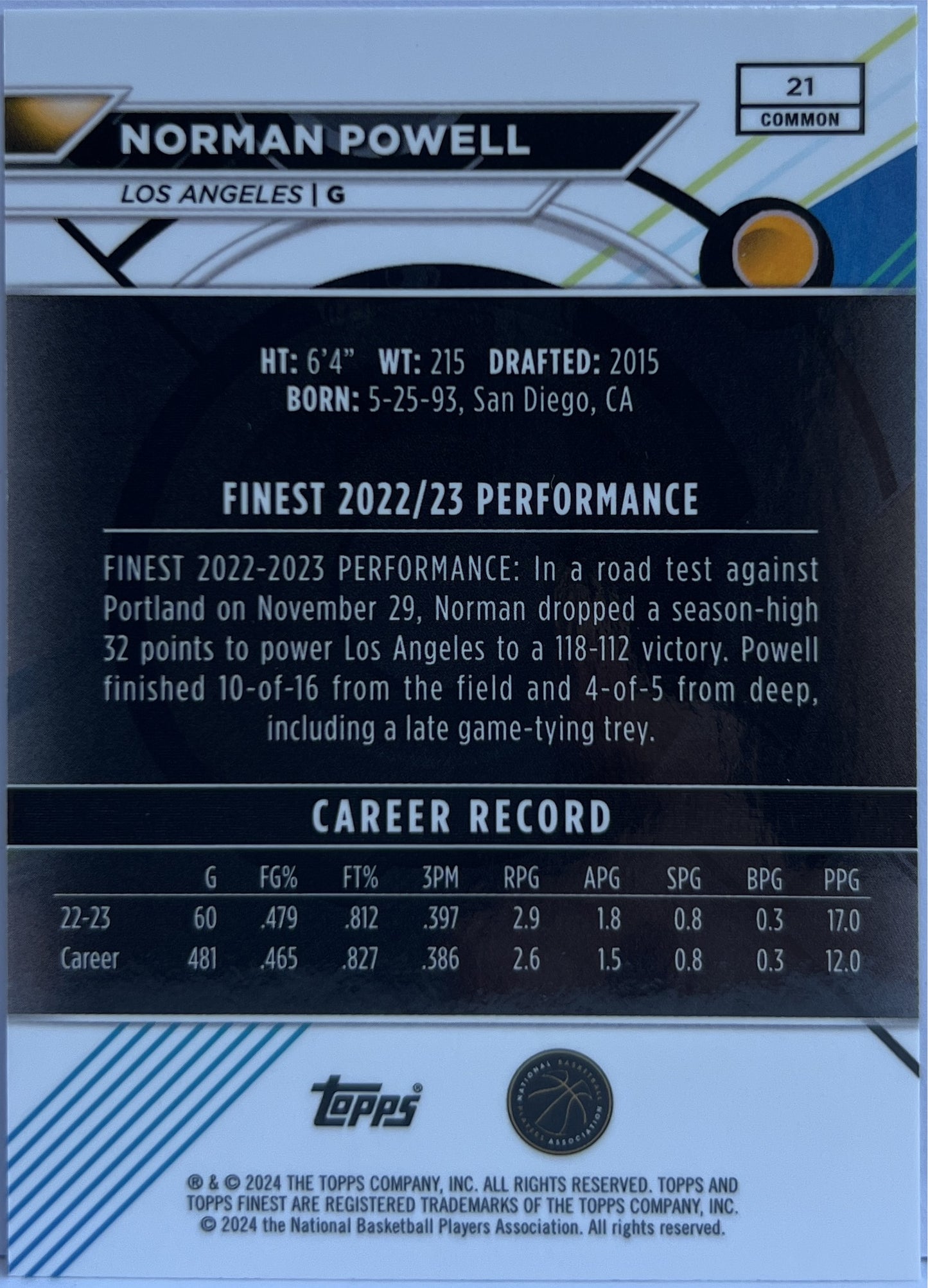Norman Powell 13/50 Gold Topps Finest NBA Basketball 2023/24