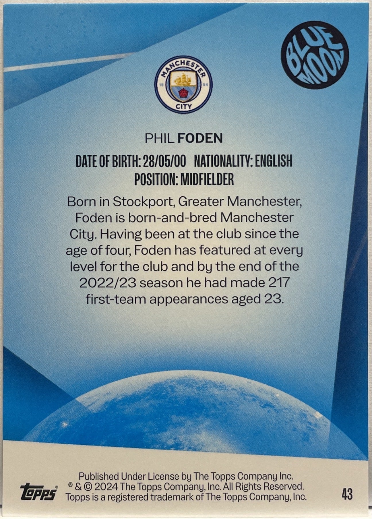 Phil Foden 57/99 Blue Moon Pink Topps Manchester City Team Set 2023/24