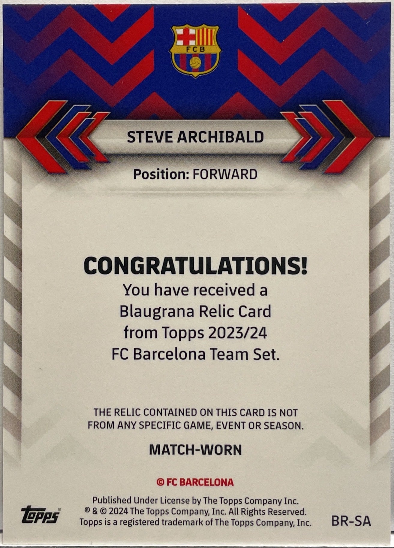 Steve Archibald 224/250 Patch Worn Blaugrana Topps Team Set Barcelona 2023/24