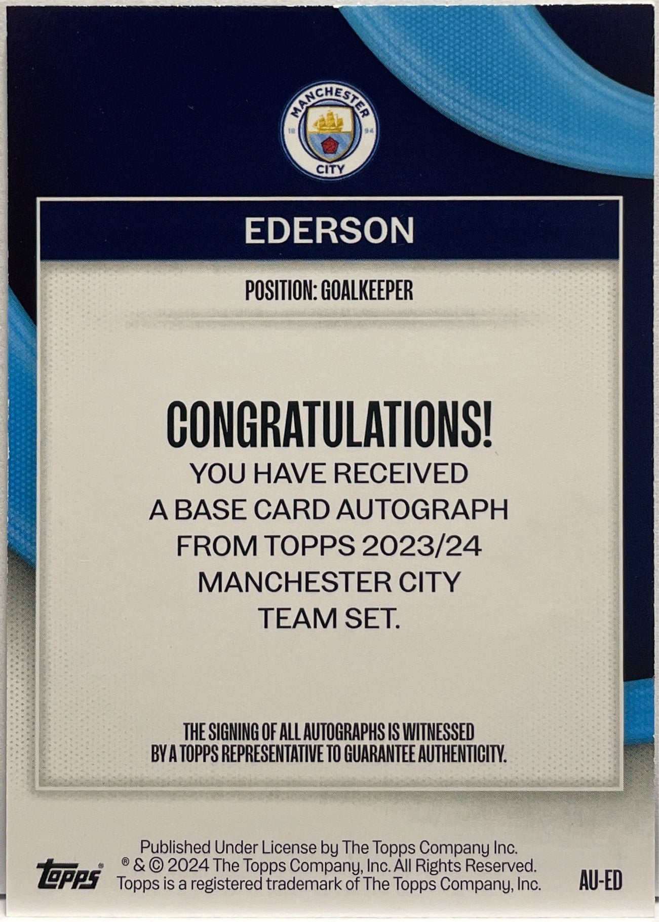 Ederson Autograph Topps Manchester City Team Set 2023/24