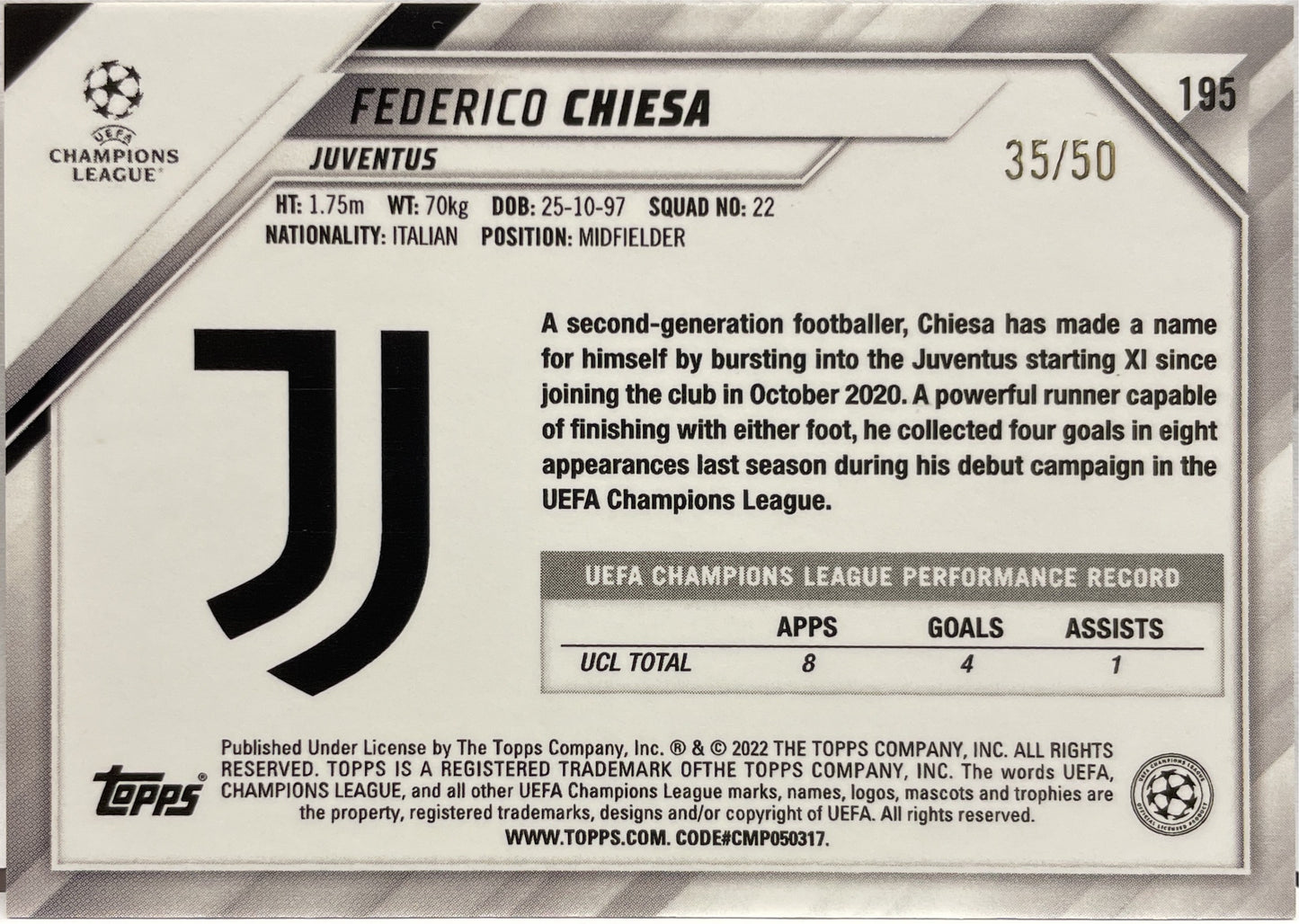 Federico Chiesa 35/50 Cracked Ice Topps Chrome UCL 2021/22