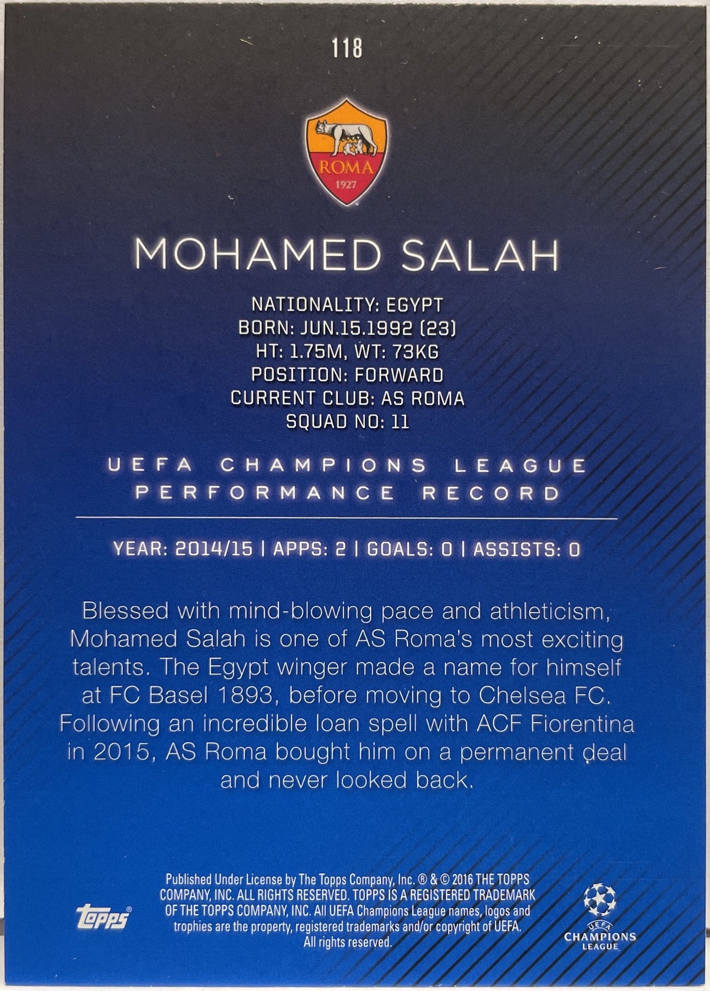 Mohamed Salah Performance Record Topps UCL 2015/16