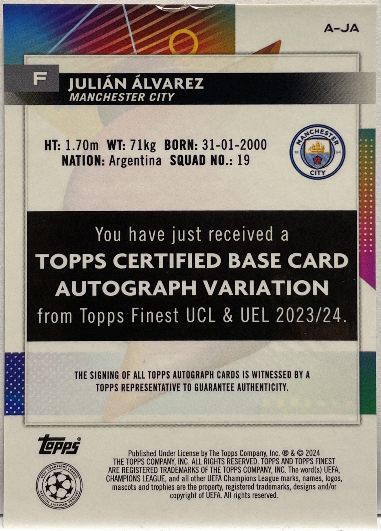 Julian Alvarez 7/25 Autograph Orange Wave Topps Finest UCC 2023/24