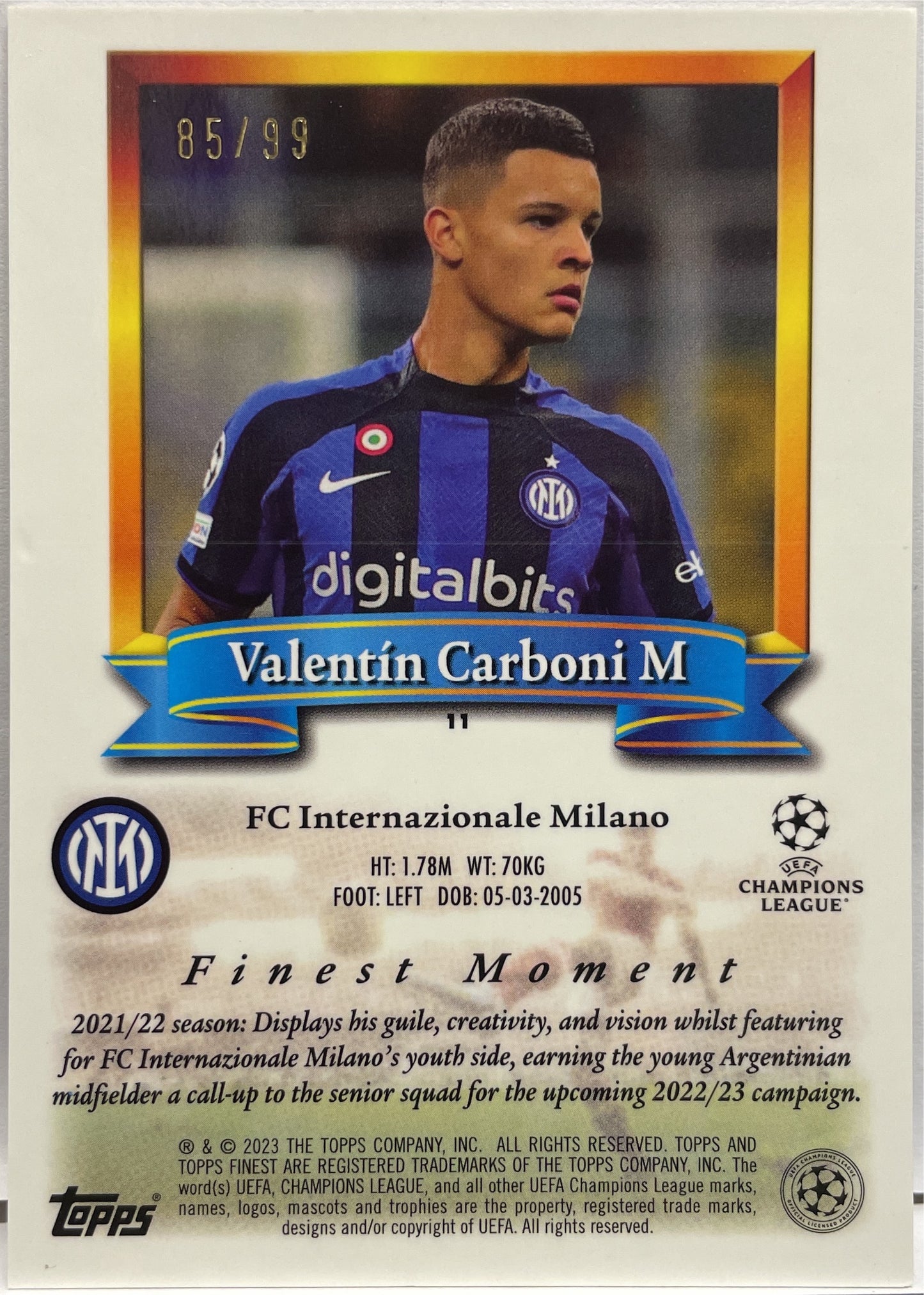 Valentin Carboni 85/99 Rookie Topps Finest Flashback 2022/23