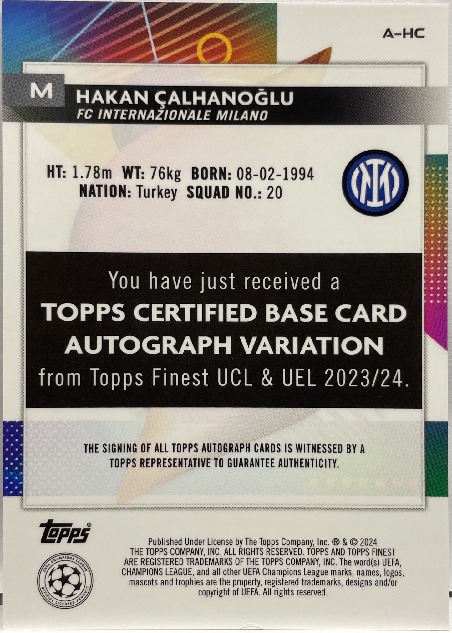 Hakan Calhanoglu Autograph Topps Finest UCC 2023/24