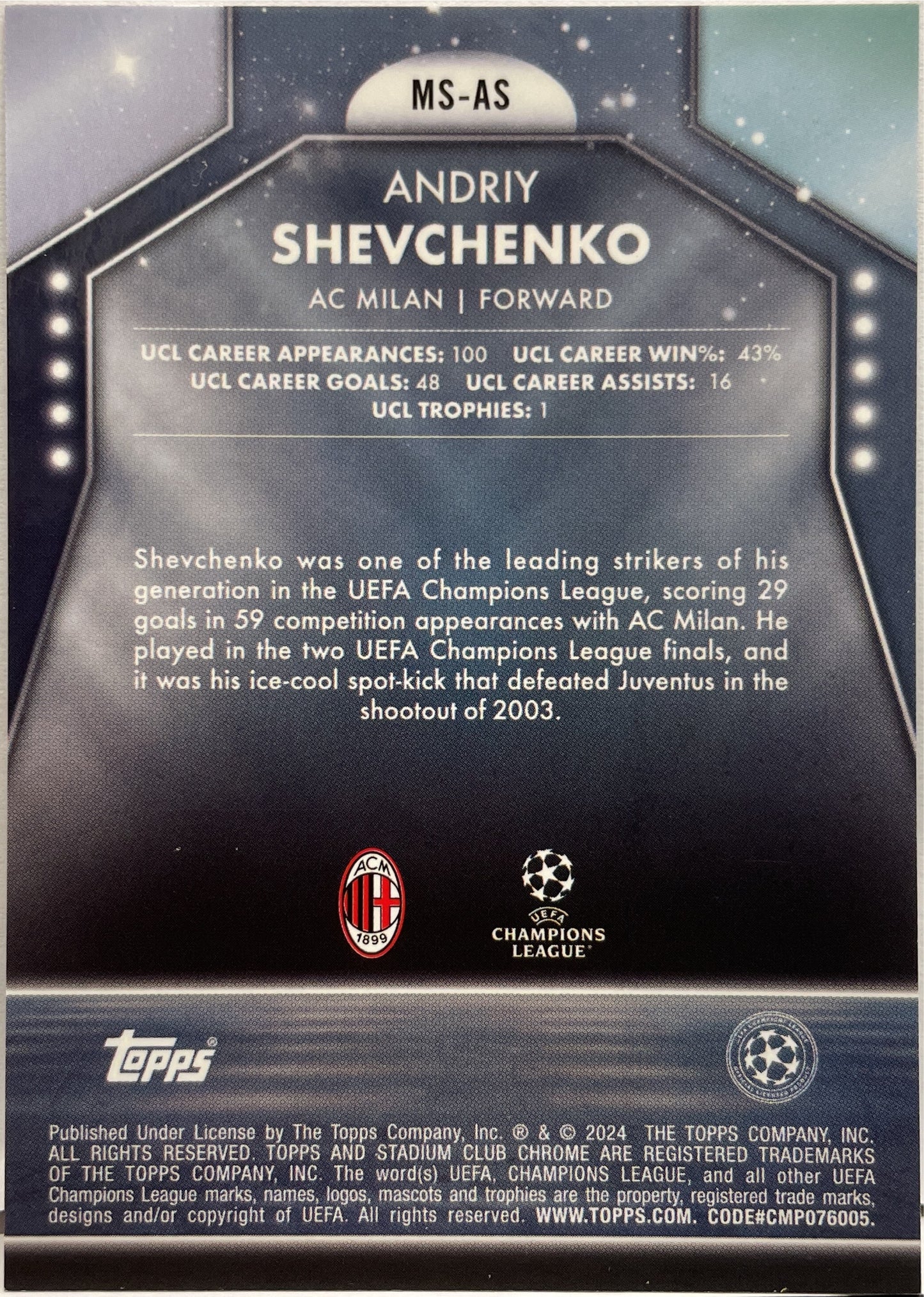 Andriy Shevchenko 1/10 Main Stage Topps Stadium Chrome 2023/24