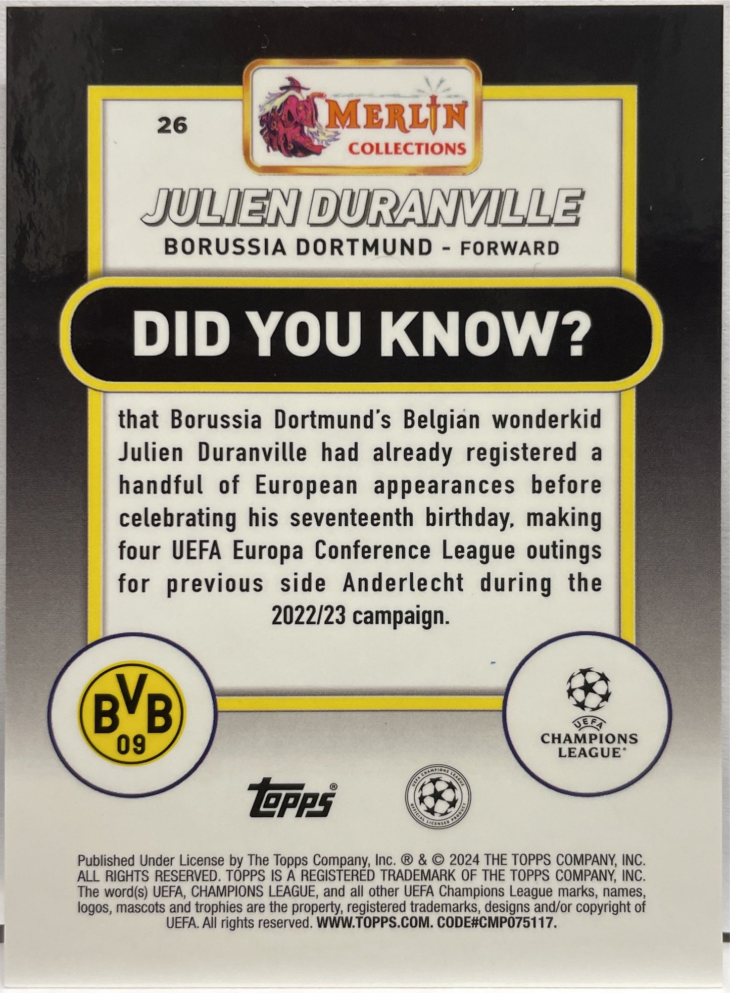 Julien Duranville 27/75 Rookie Blue Topps Chrome Merlin 2023/24