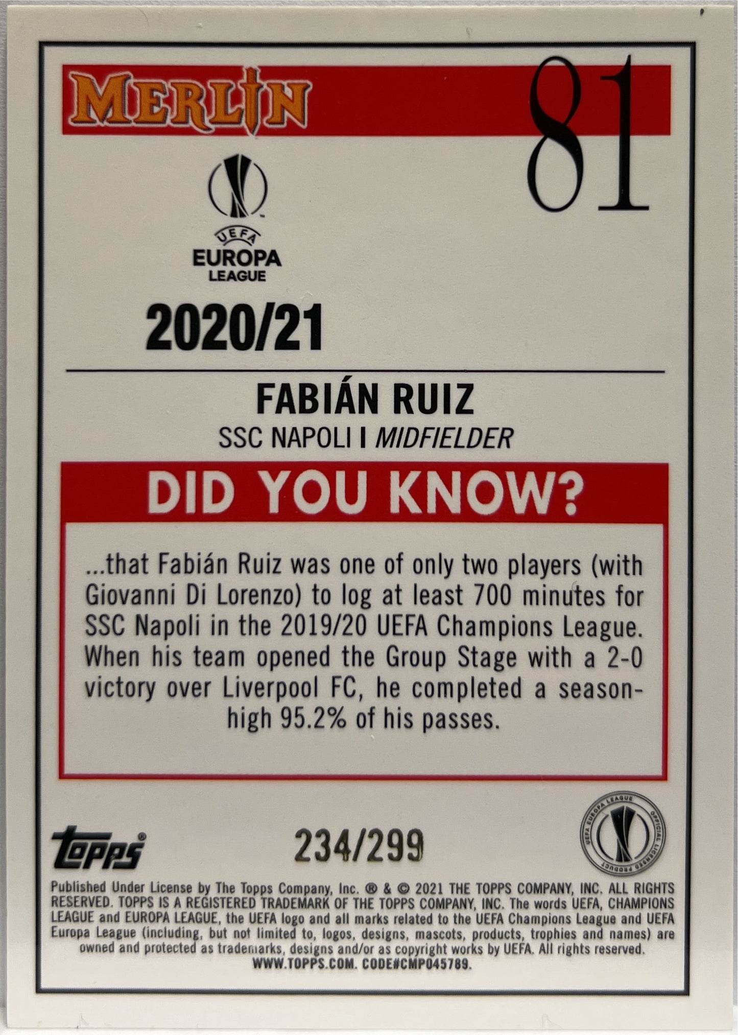 Fabian Ruiz 234/299 Purple Topps Chrome Merlin UCL 2020/21