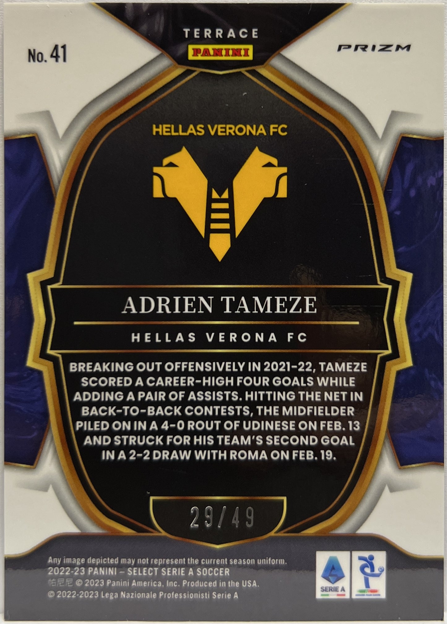 Adrien Tameze 29/49 Terrace Purple Select Serie A 2022/23