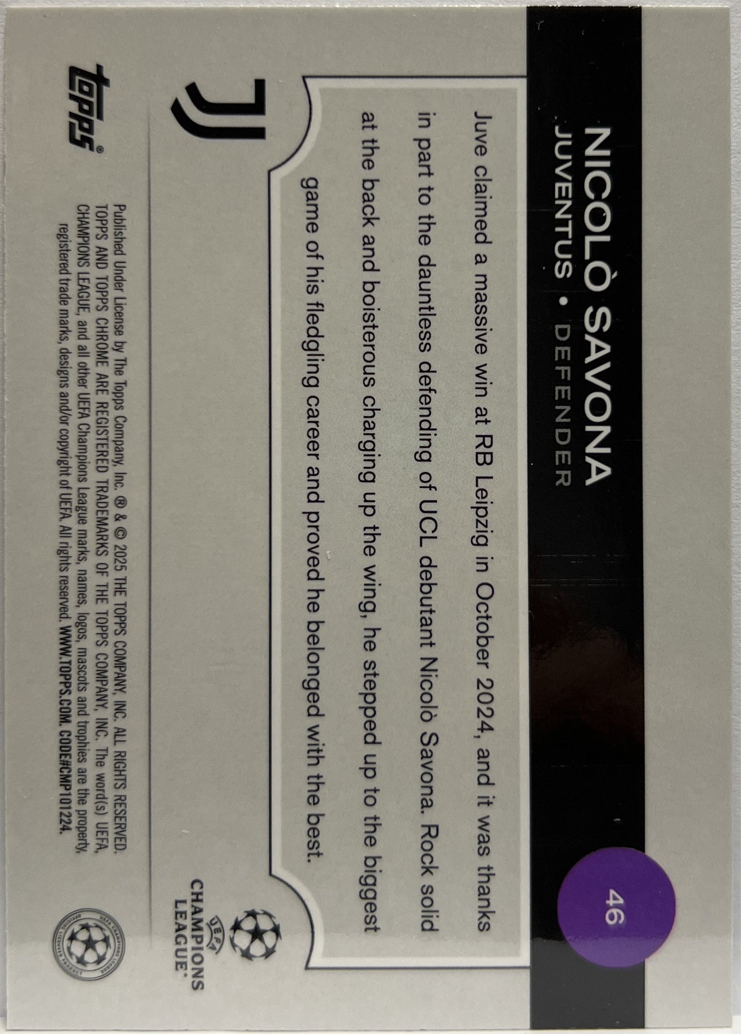 Nicolo Savona 110/150 Rookie Blue Topps Chrome UCC 2024/25