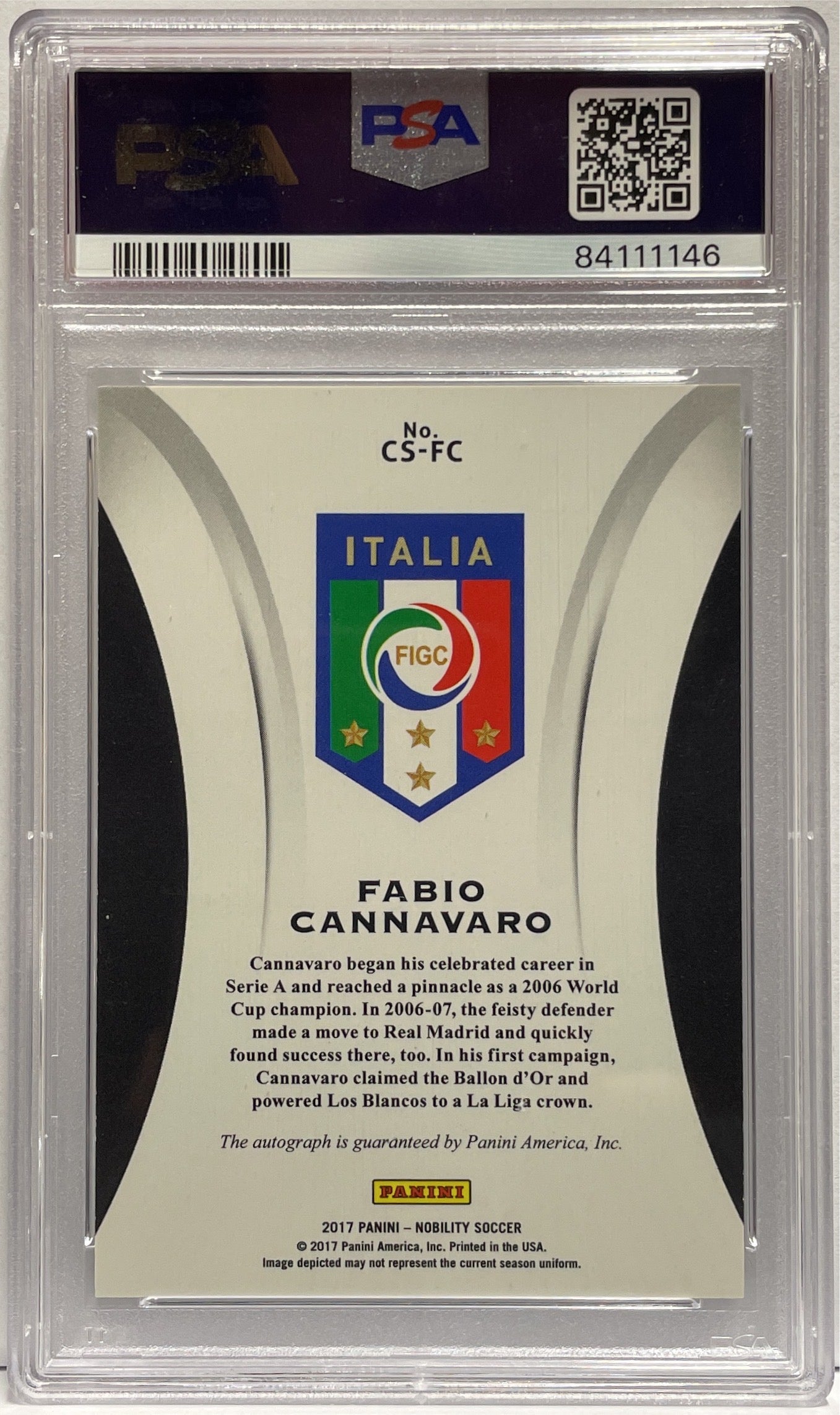 Fabio Cannavaro Autograph On Card Crescent Signatures Panini Nobility 2017 PSA 10