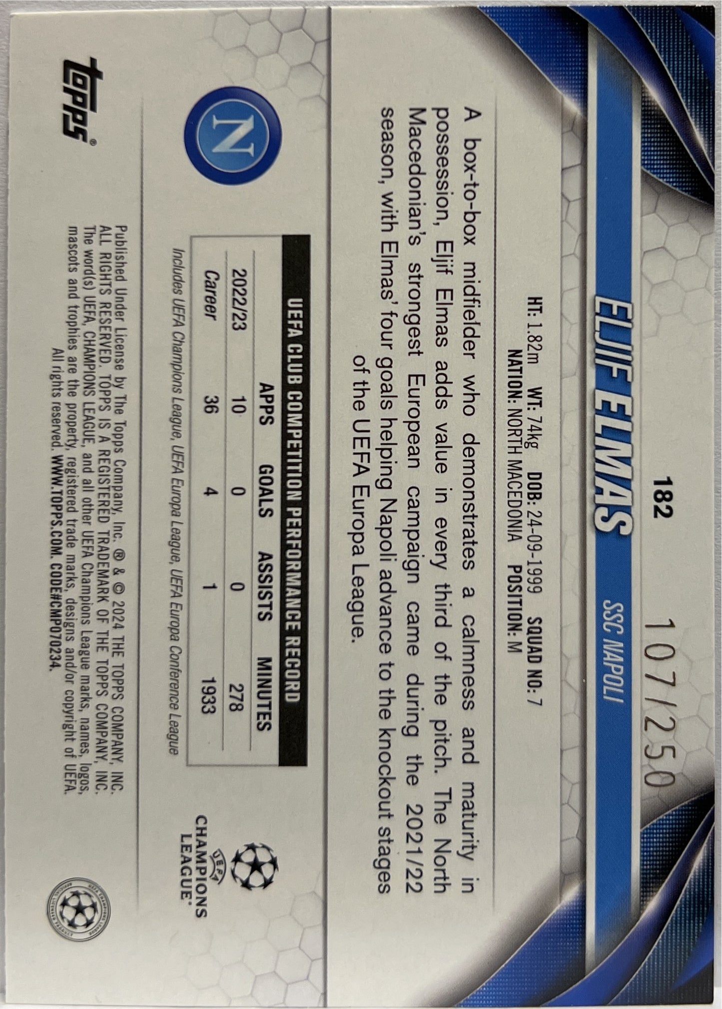 Eljif Elmas 107/250 Navy Blue Topps UCC 2023/24