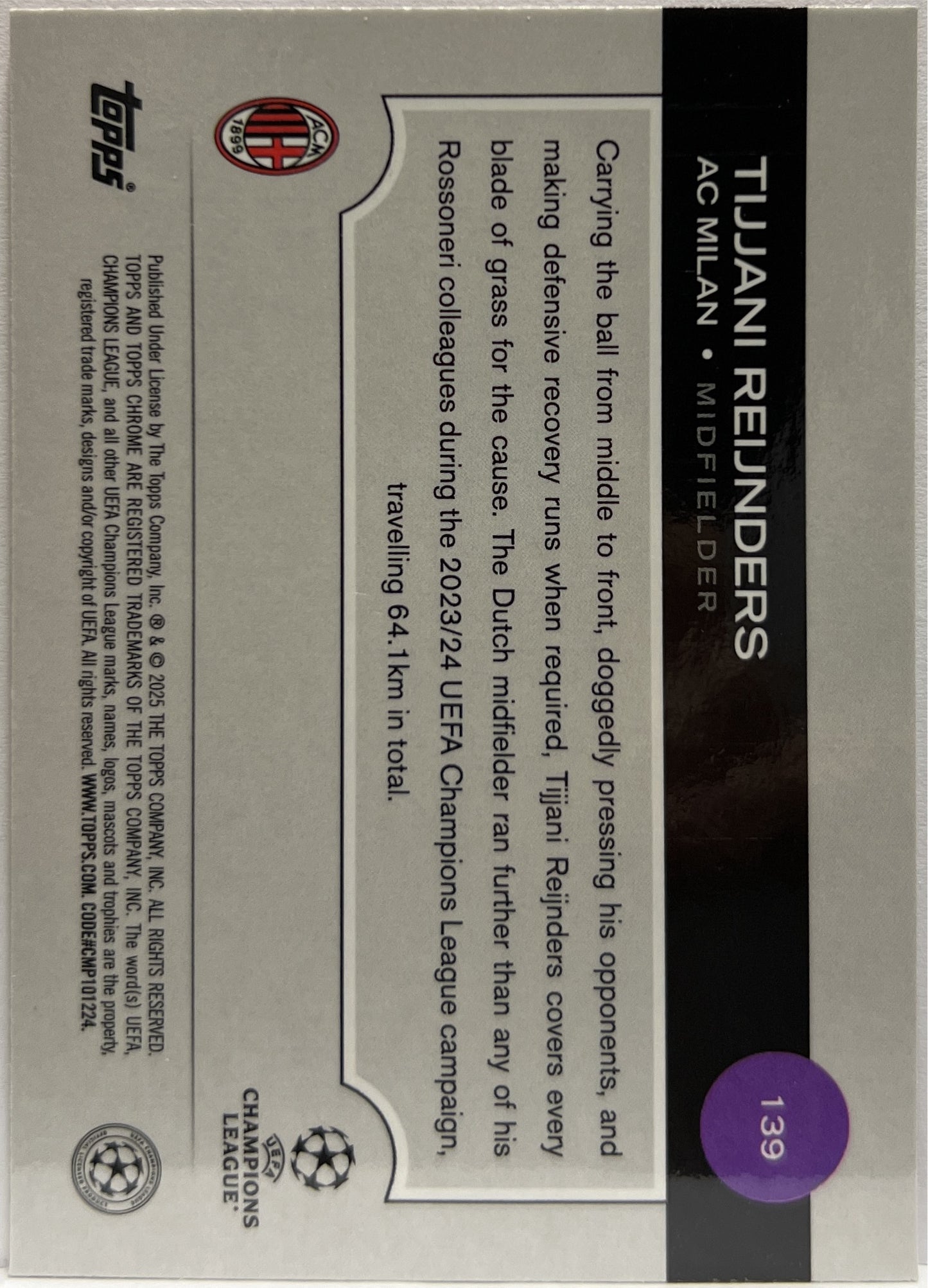 Tijjani Reijnders 19/250 Pink Lava Topps Chrome UCC 2024/25