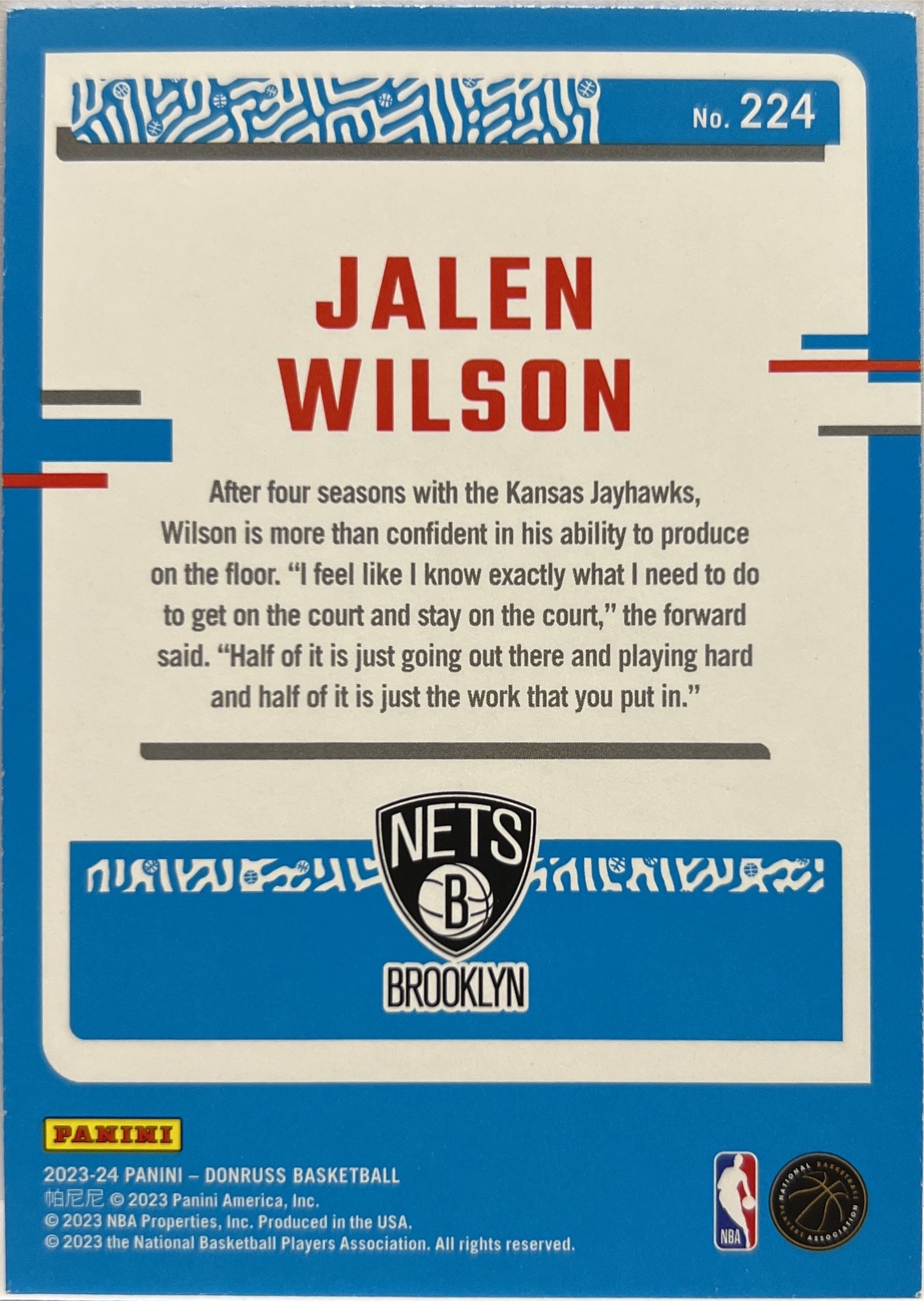 Jalen Wilson Rated Rookie Choice Silver Donruss Basketball NBA 2023/24