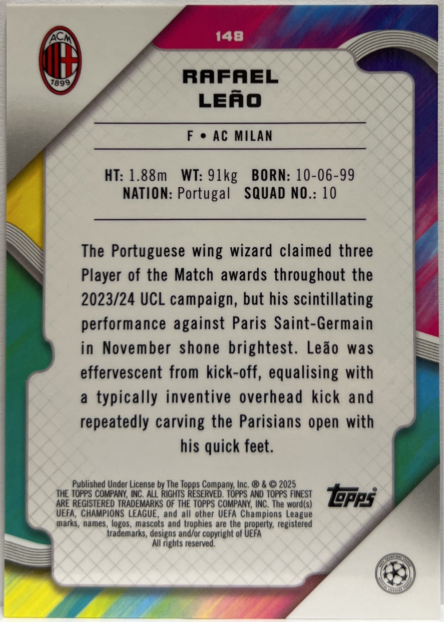 Rafael leao 5/75 Blue Topps Finest UCC 2024/25