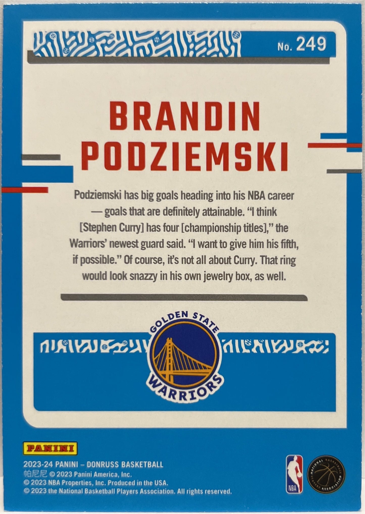Brandin Podziemski Rated Rookie Choice Silver Donruss Basketball NBA 2023/24