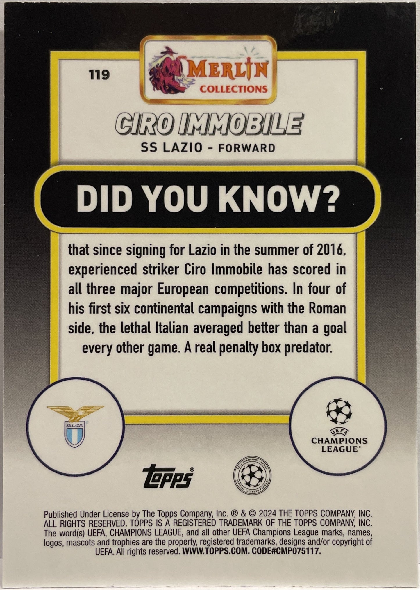 Ciro Immobile 47/50 Gold Topps Chrome Merlin 2023/24