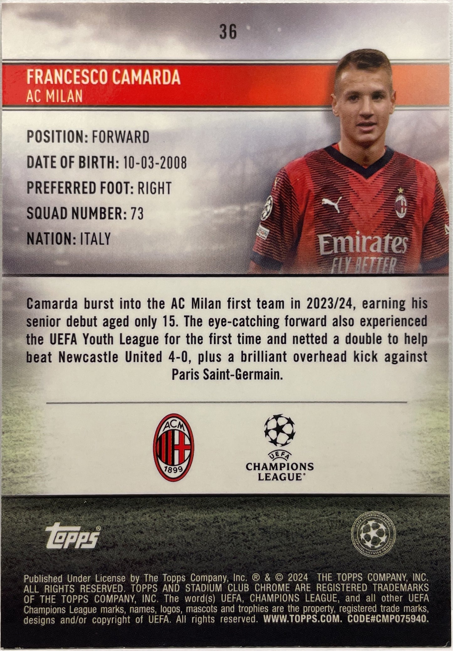 Francesco Camarda 126/299 Rookie Black And White Topps Stadium Chrome 2023/24