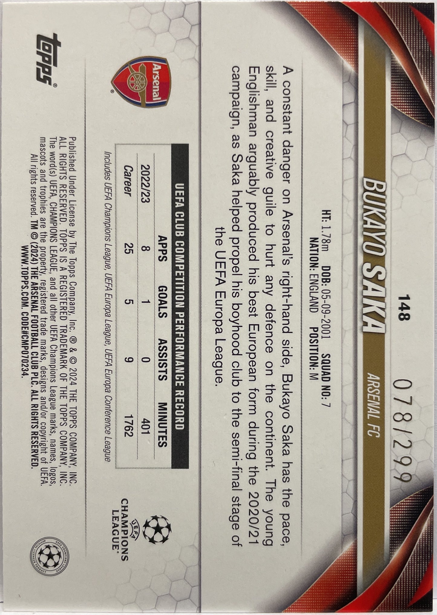 Bukayo Saka 78/299 Purple Foilboard Topps UCC 2023/24