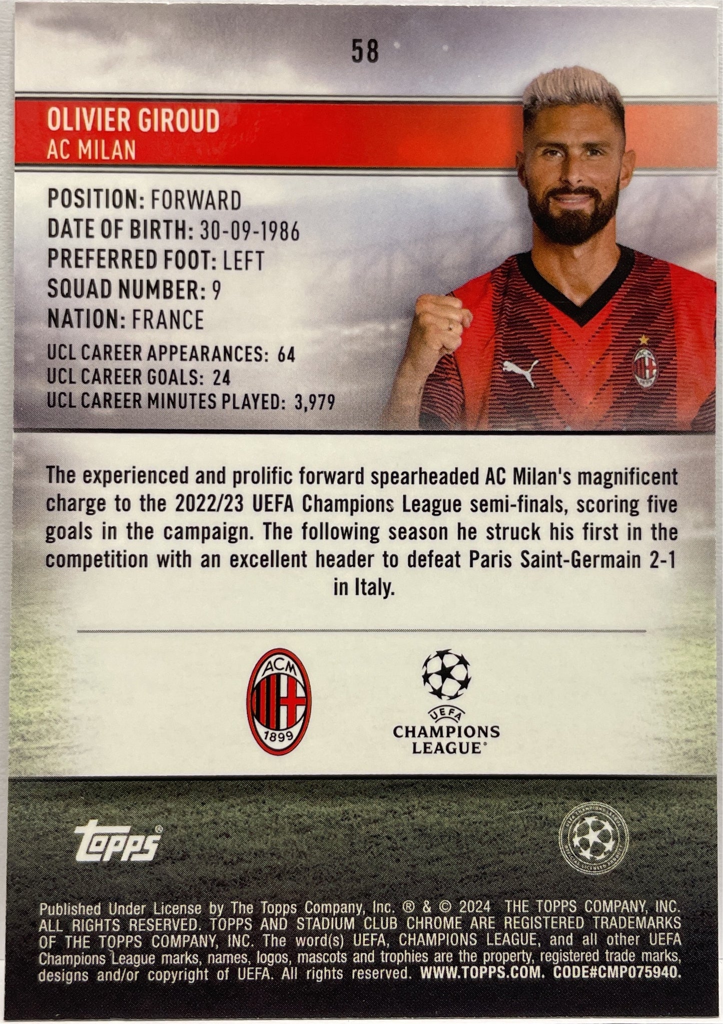 Olivier Giroud Pink Red Electric Charge Topps Stadium Chrome 2023/24