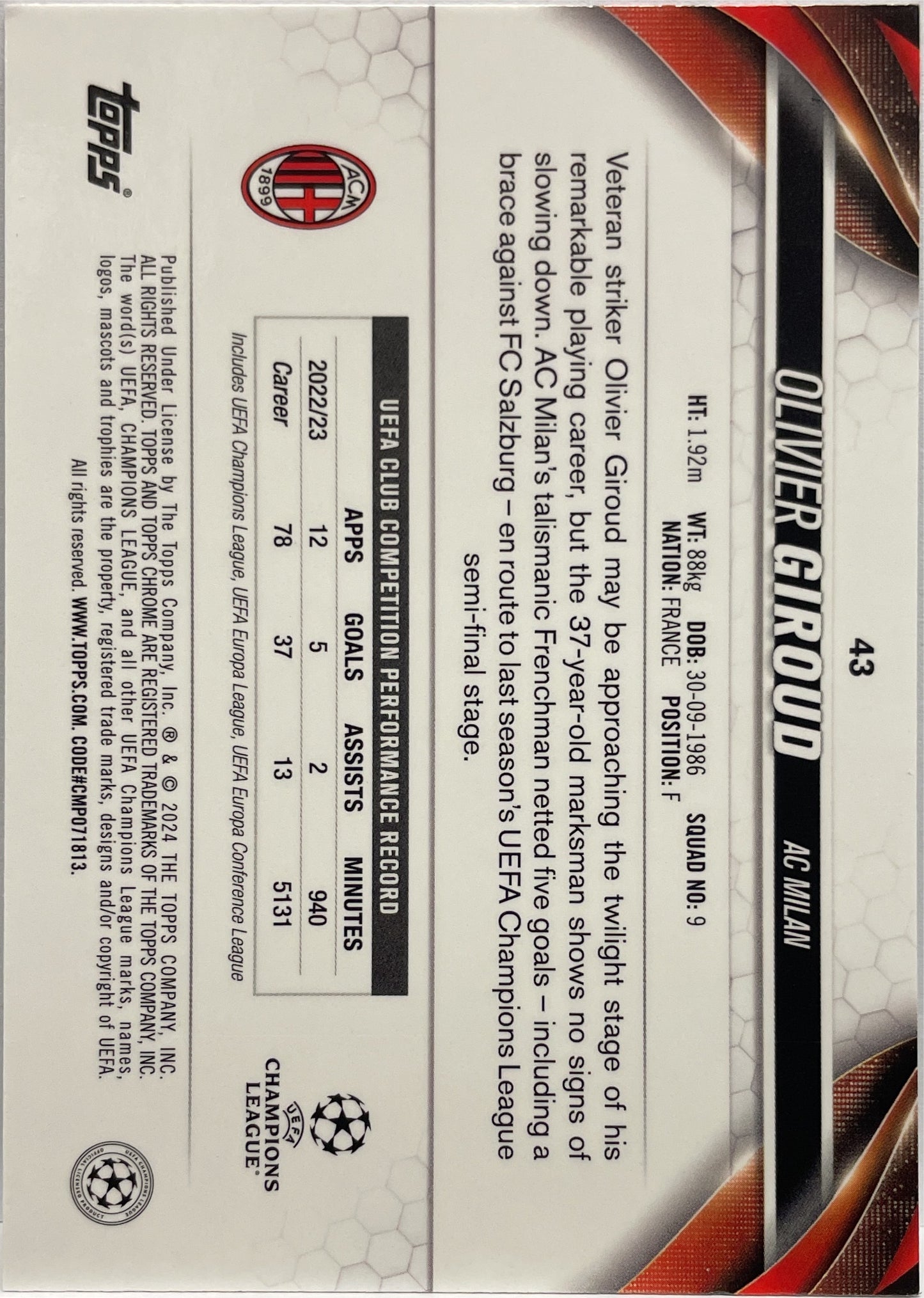 Olivier Giroud 108/225 Night Vision Topps Chrome UCC 2023/24