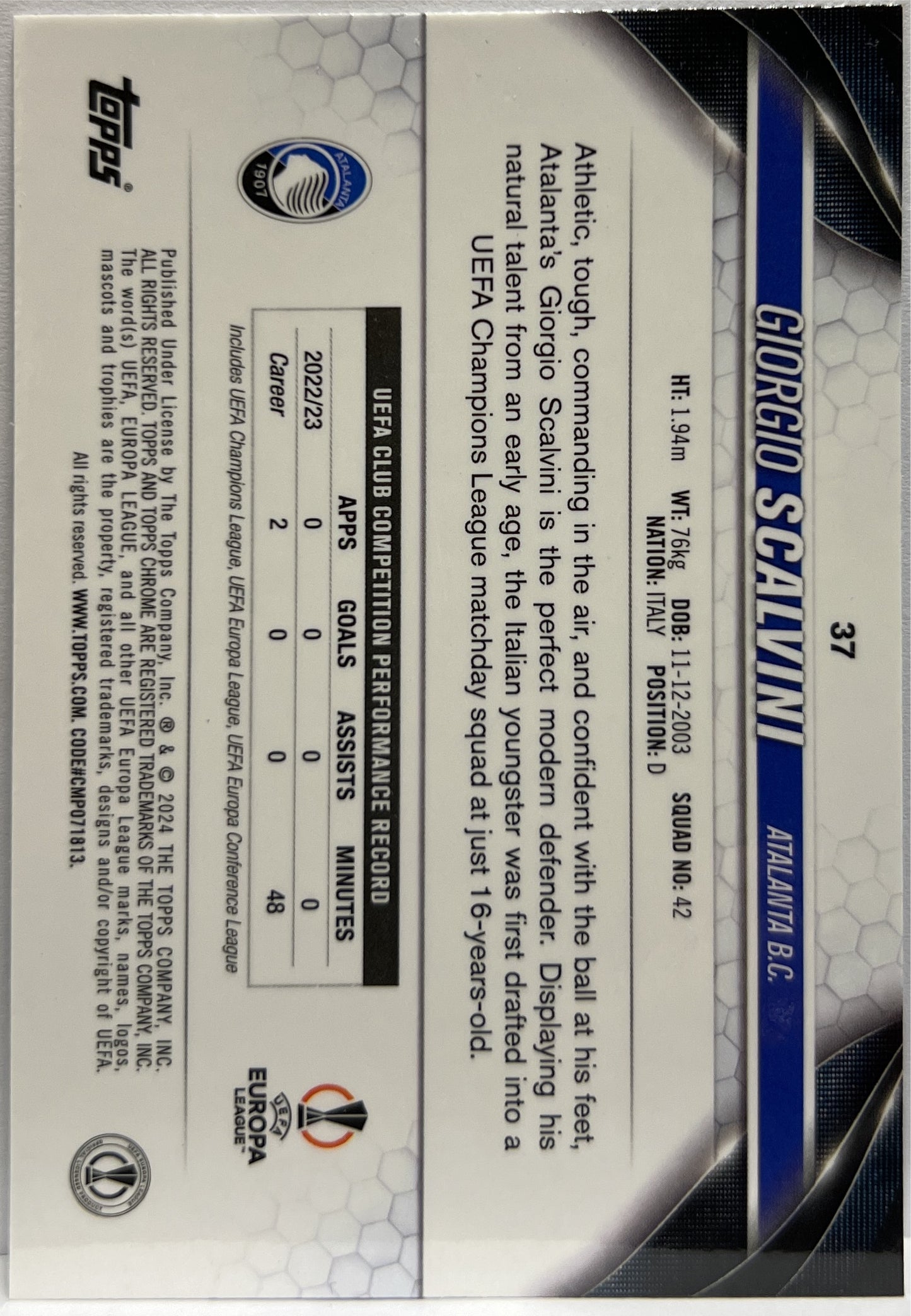 Giorgio Scalvini 45/150 Blue Shimmer Topps Chrome UCC 2023/24