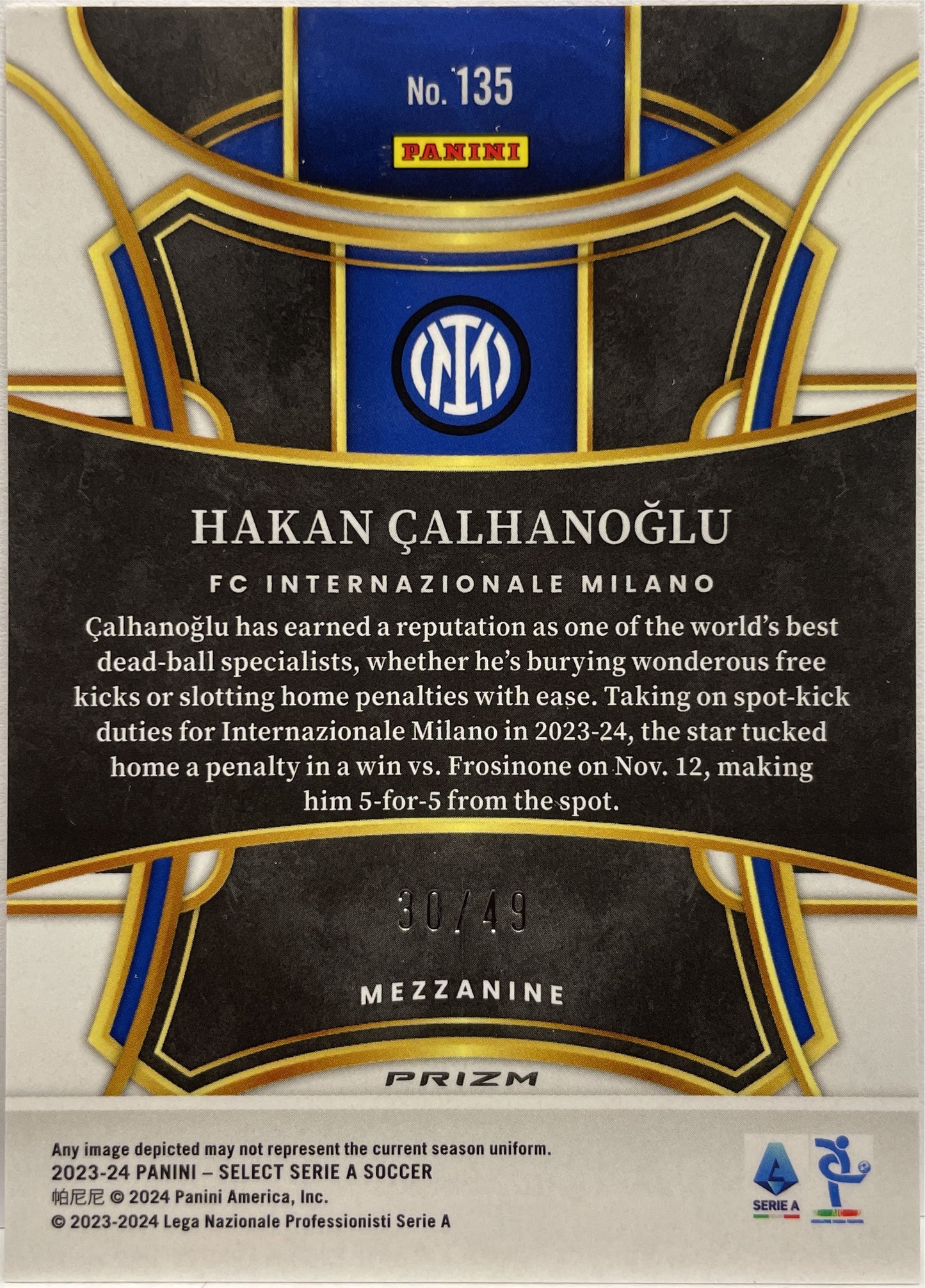 Hakan Calhanoglu 30/49 Mezzanine Red Wave Select Serie A 2023/24