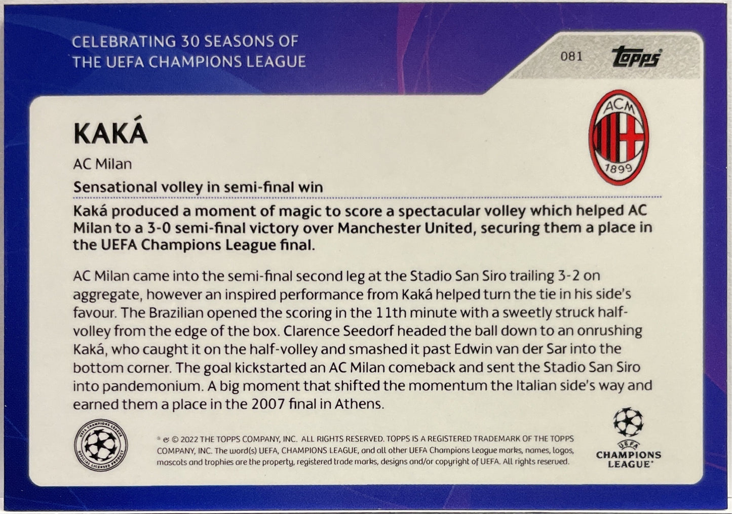 Kaka 2/5 Vs Manchester United 2007 Topps 30 Season Of UCL 2022